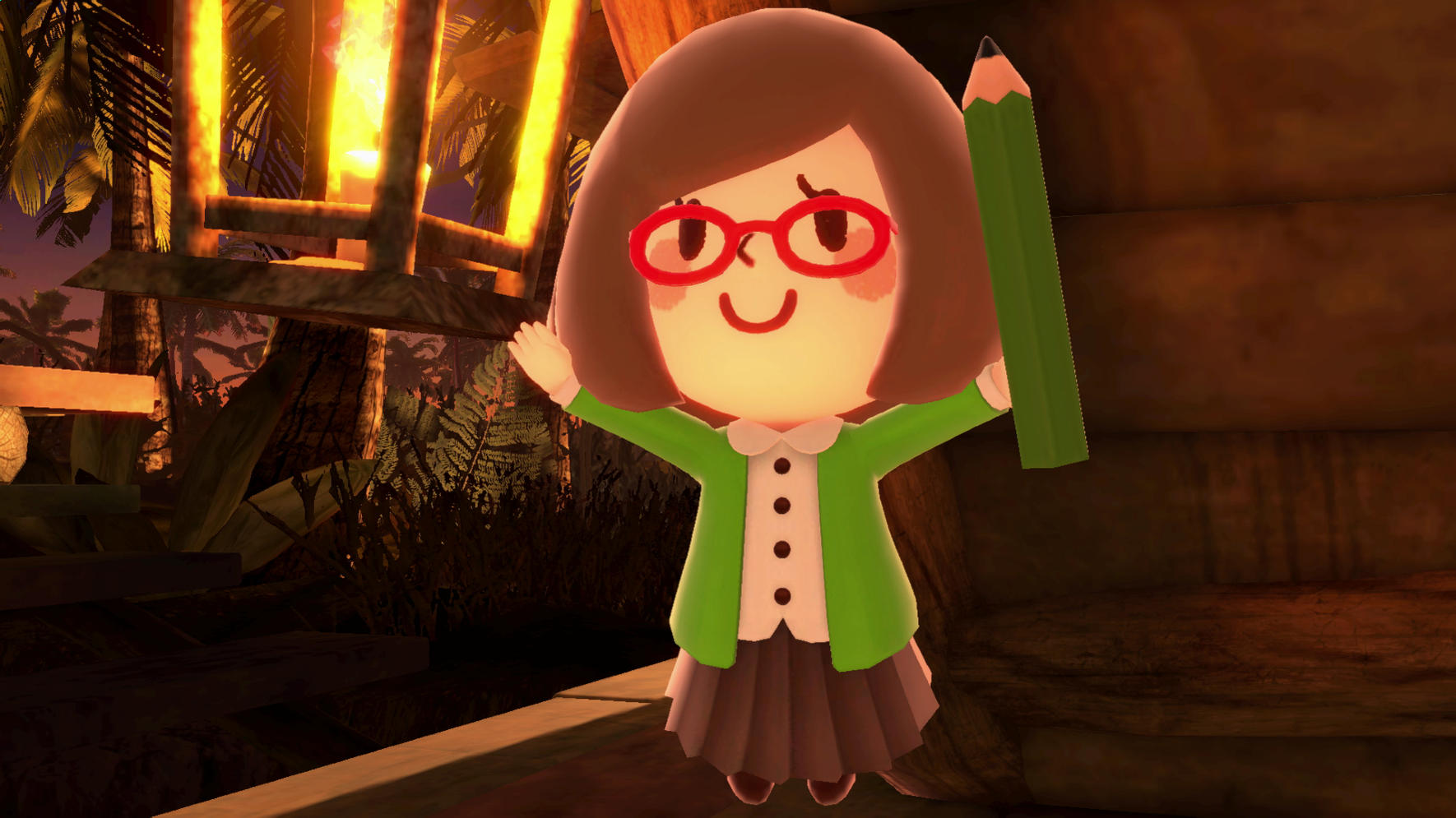 Postać w okularach z ołówkiem trzyma otwarte obie ręce.