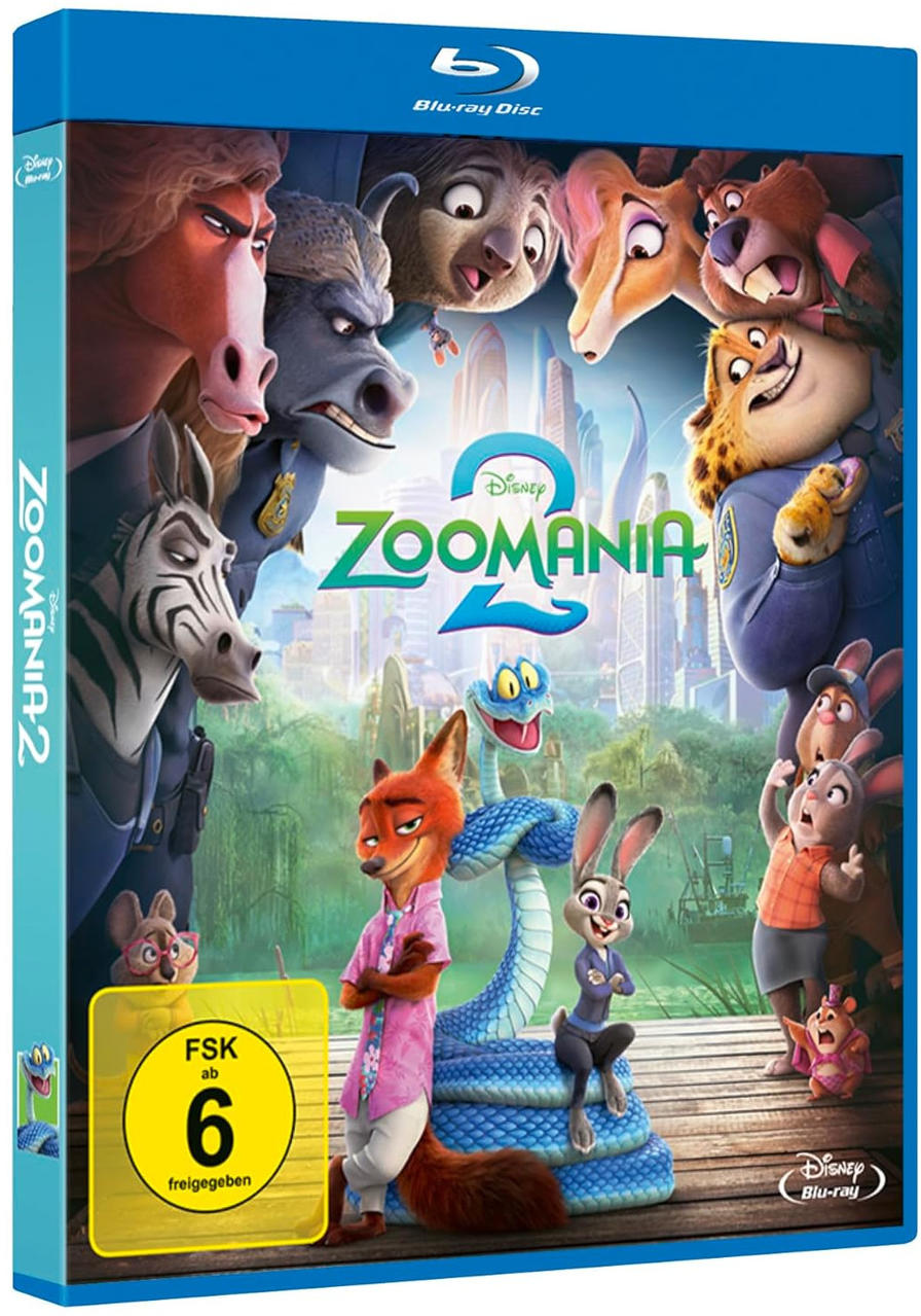 Zoomania 2 Blu-ray Hülle mit vielen Tiercharakteren, darunter ein Fuchs, ein Hase und ein Büffel.