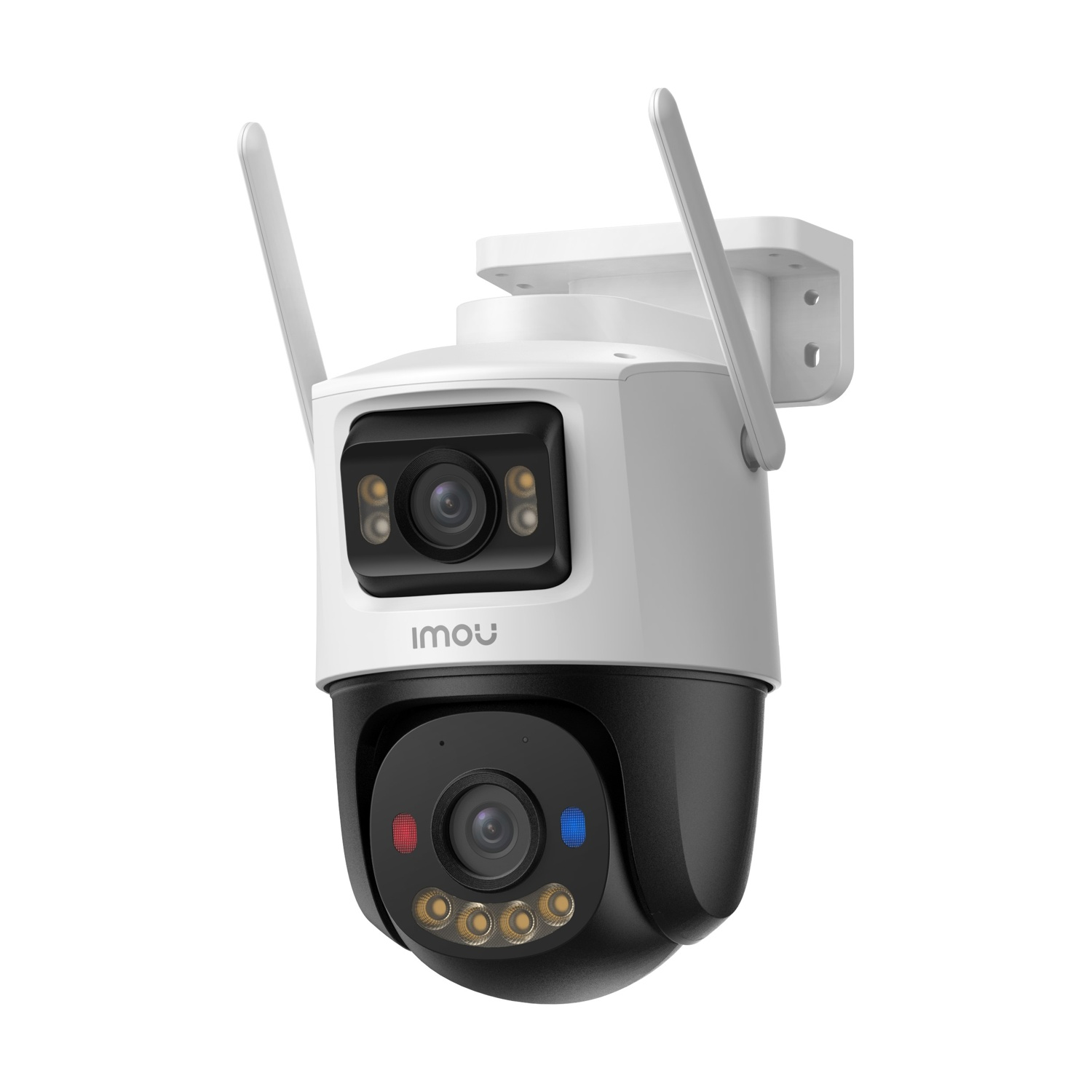 Una telecamera di sicurezza bianca e nera con due antenne su sfondo bianco.