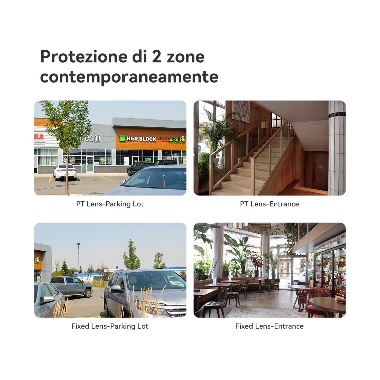 Vista esterna: Parcheggio di fronte a negozi come Freshii e H&R Block.