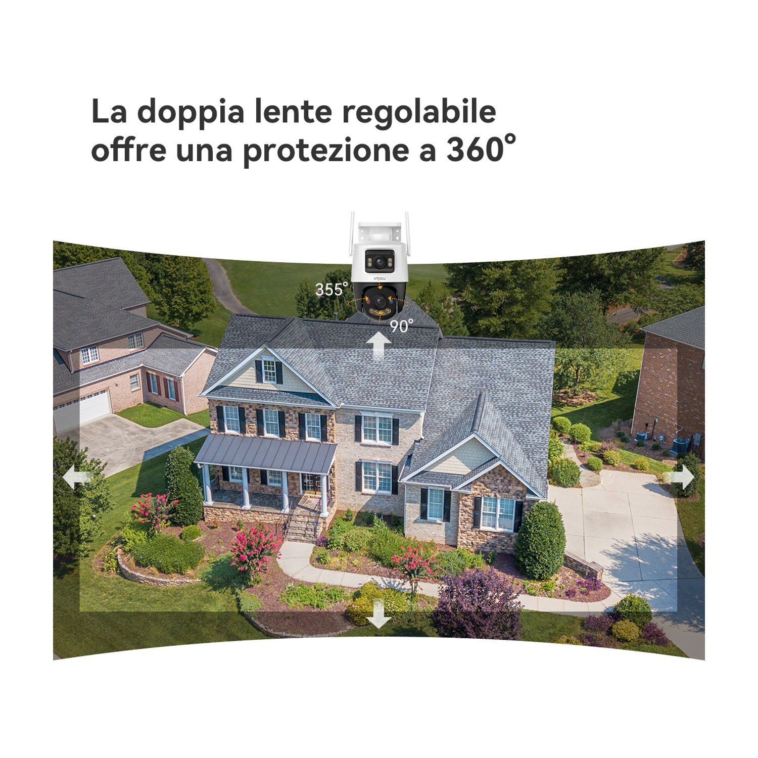 Telecamera di sicurezza sopra una casa, copre 355° orizzontale e 90° verticale.