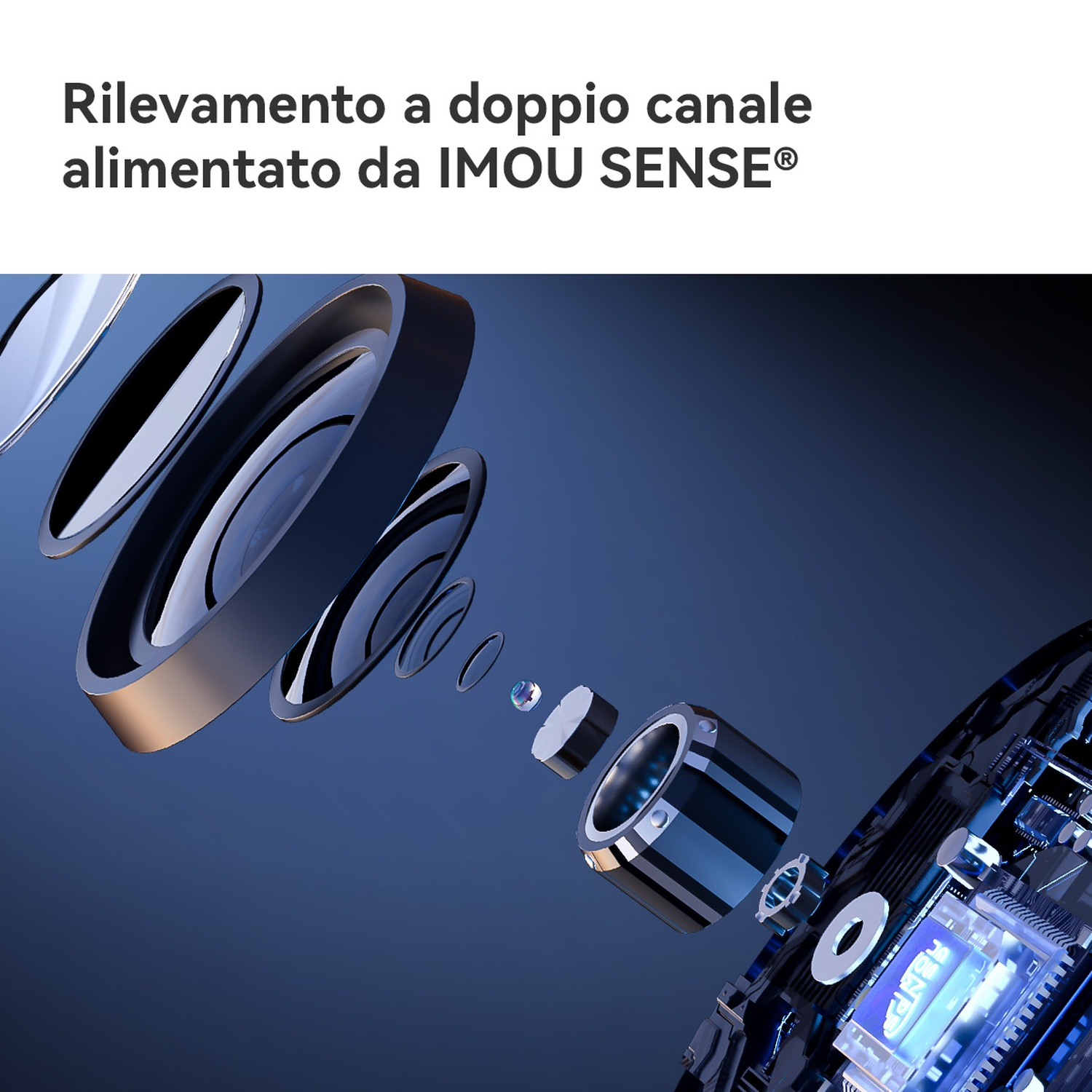 Vista esplosa di ottica della fotocamera con lenti e circuito stampato.
