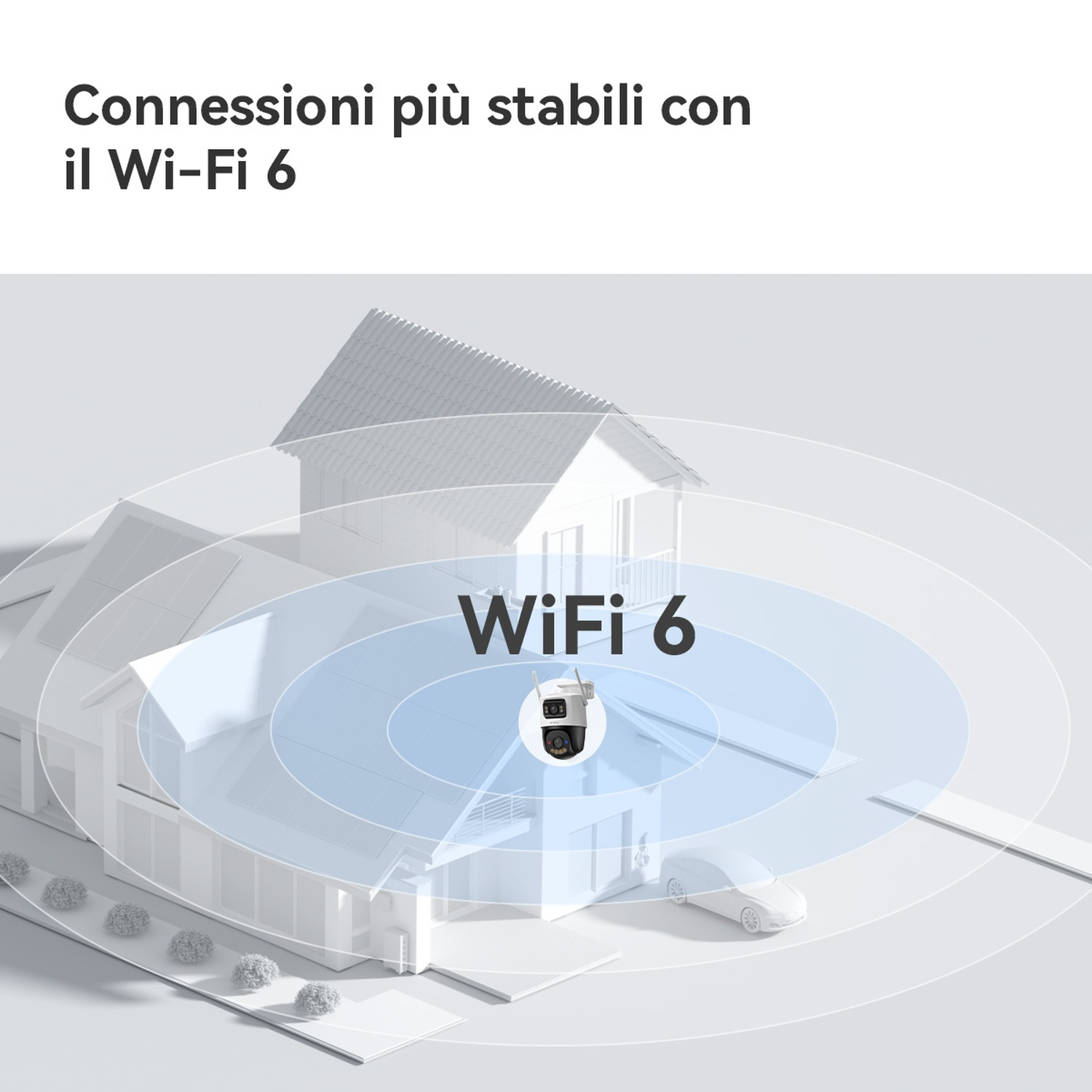 Una casa bianca con telecamera di sicurezza e segnale Wi-Fi.