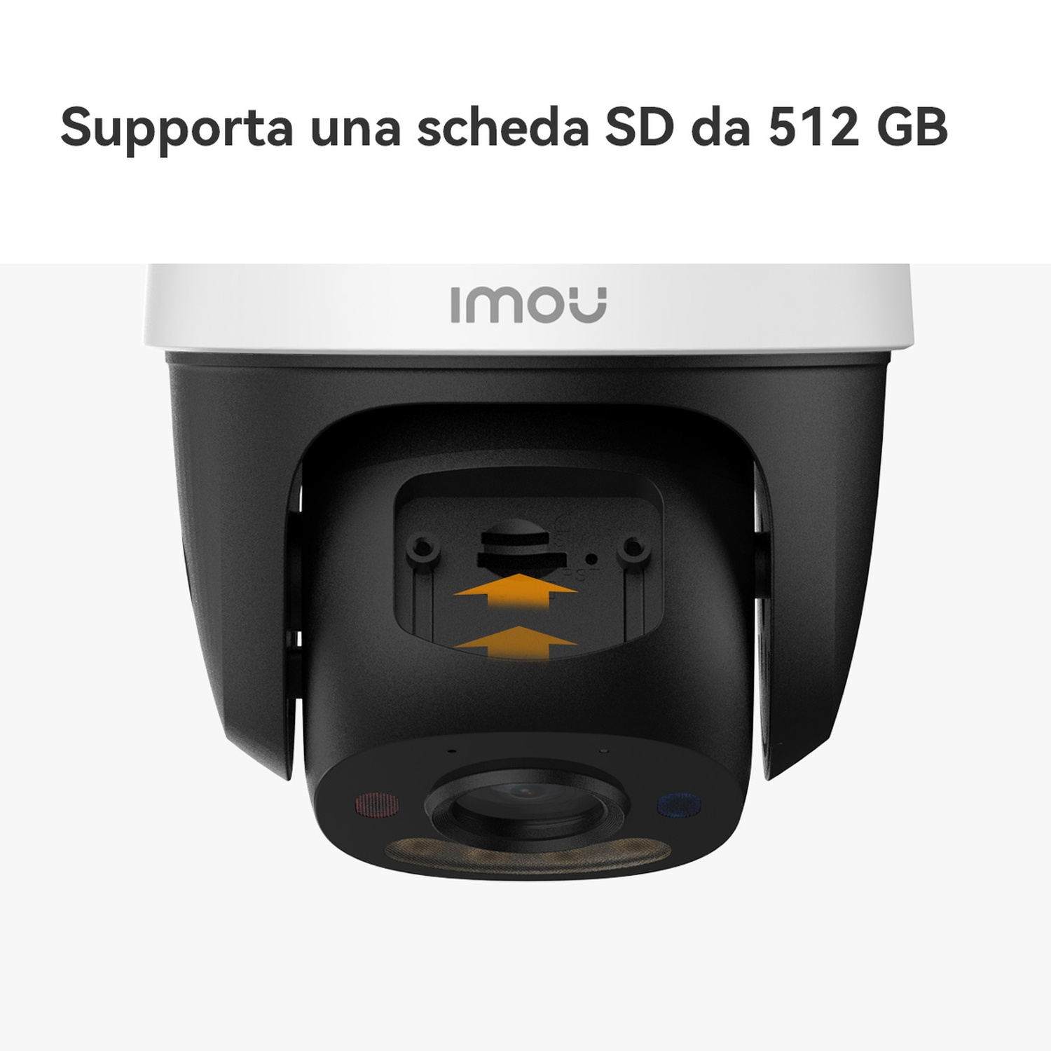 Telecamera con slot SD card da 512 GB. Logo Imou in alto.