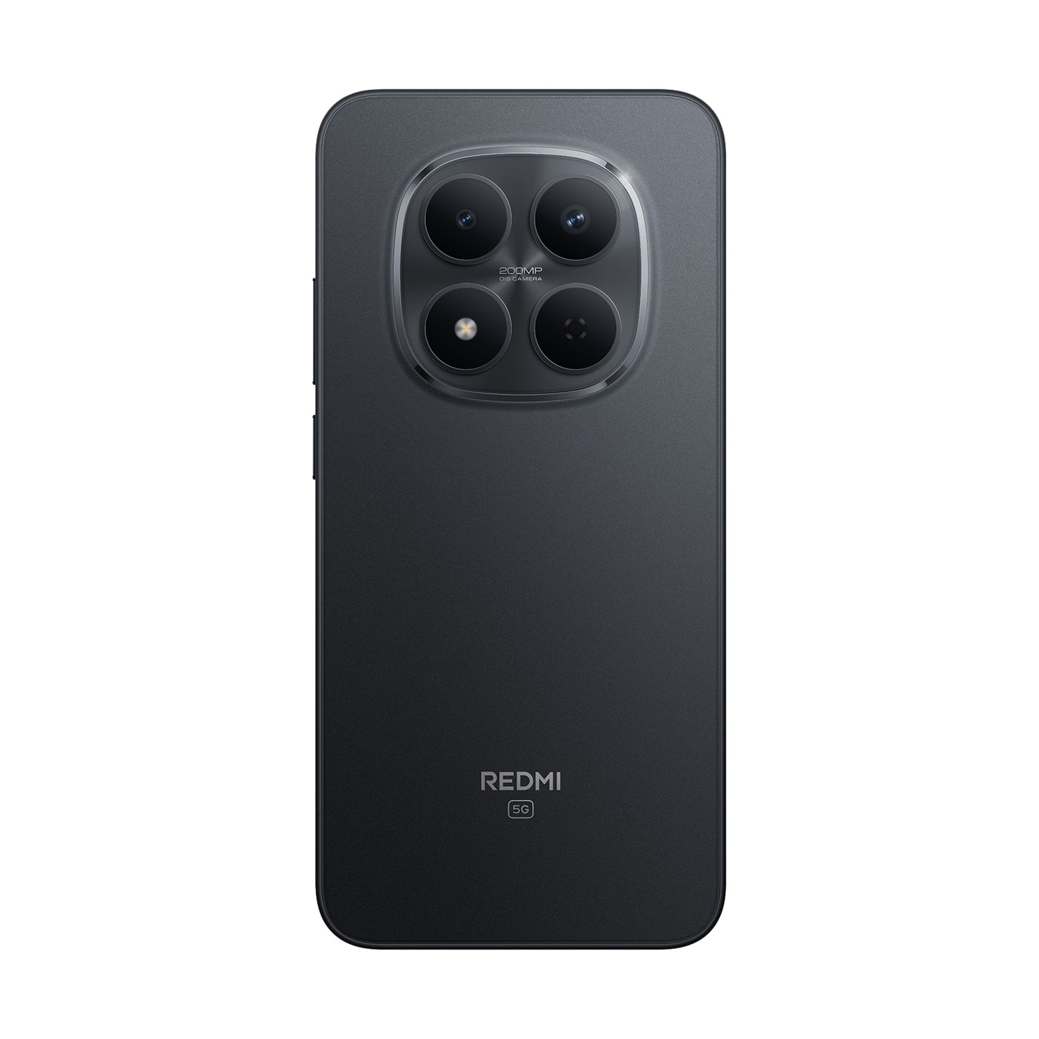 Smartphone nero con quattro fotocamere posteriori e logo rosso.