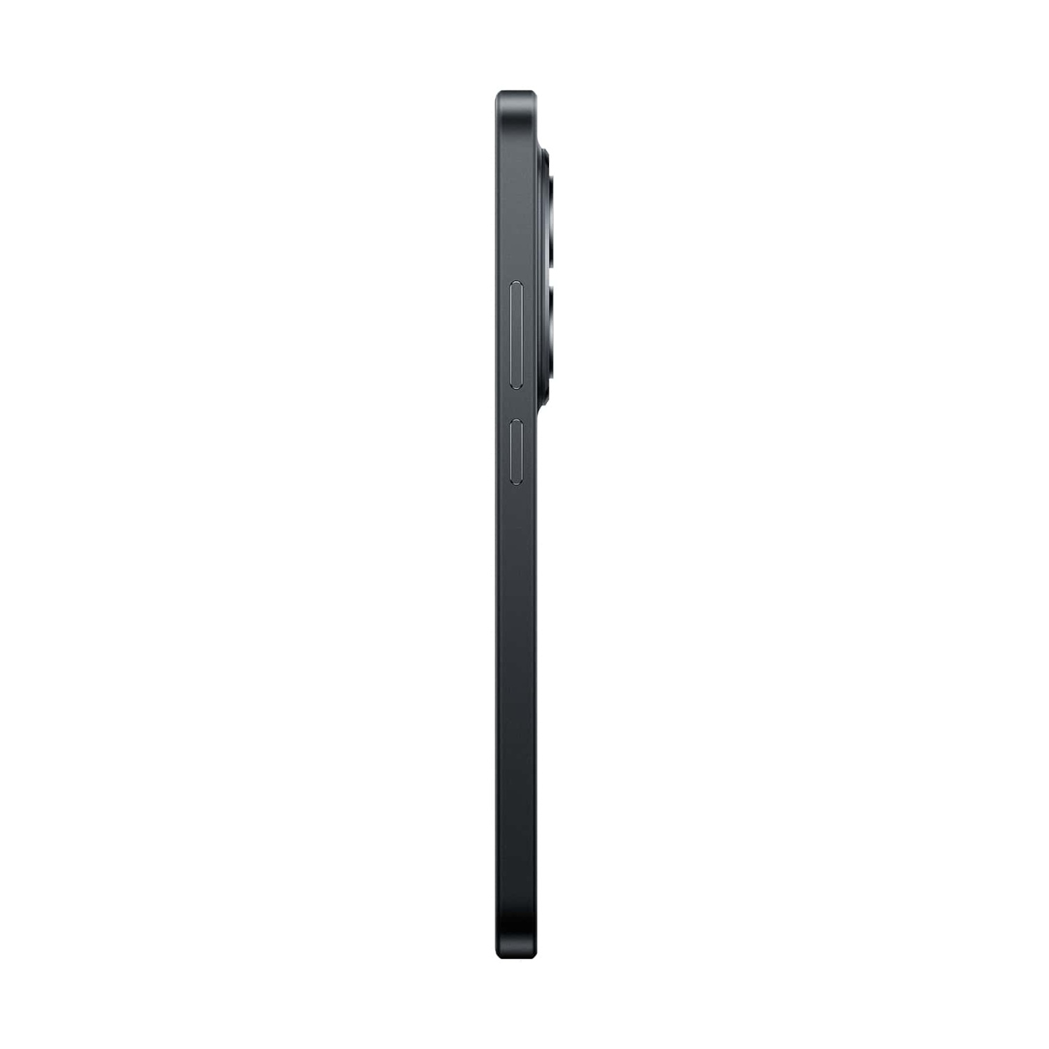 Smartphone scuro di profilo su sfondo bianco con fotocamere visibili.