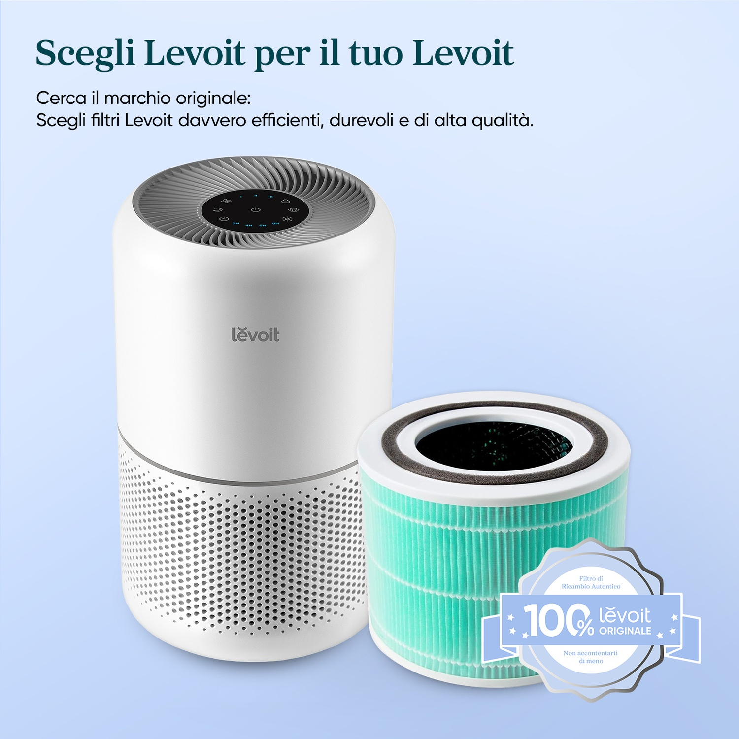 Un purificatore d'aria Levoit bianco con filtro di ricambio verde.