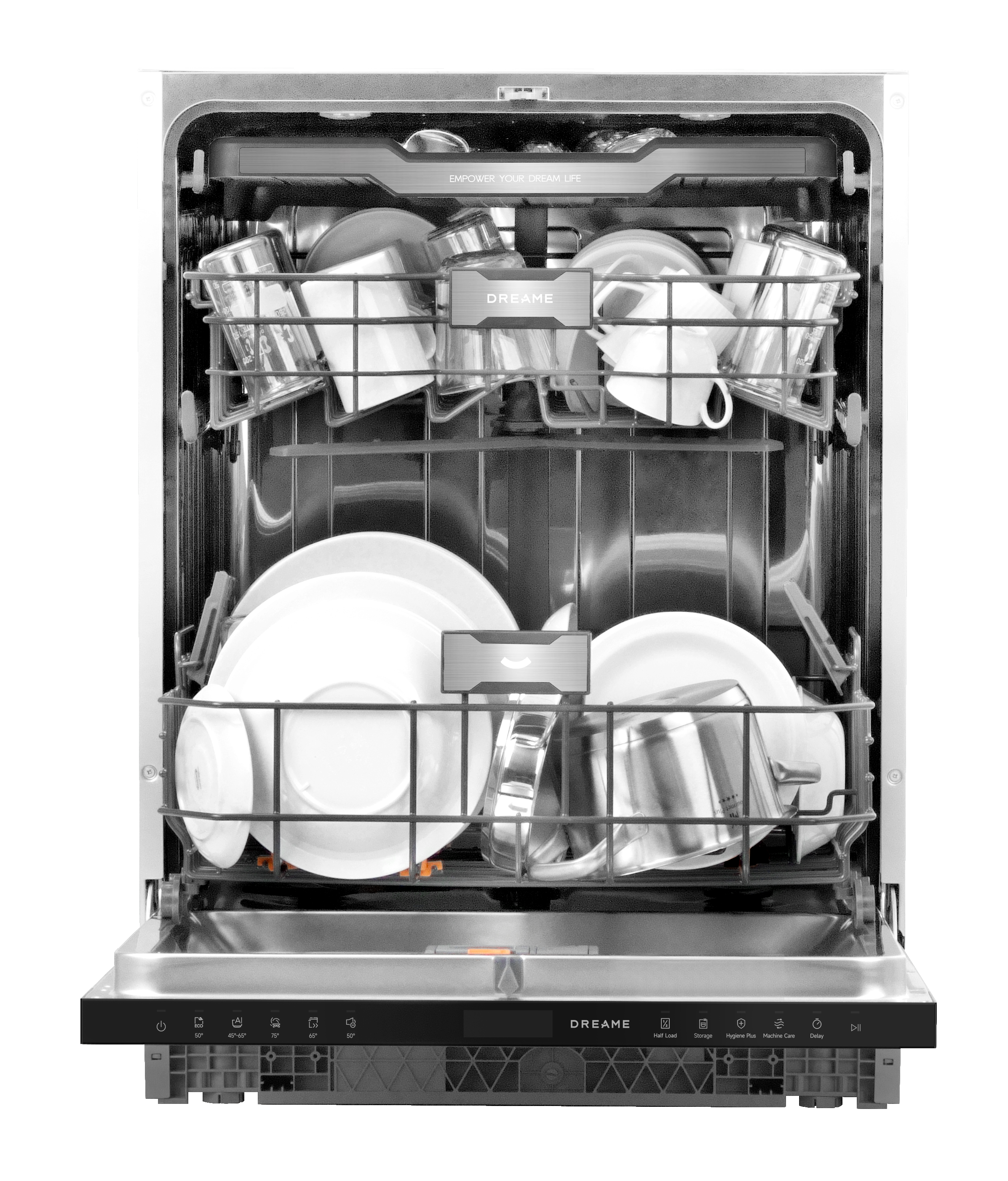 Wnętrze zmywarki z dwoma koszami na talerze, kubki i szklanki.