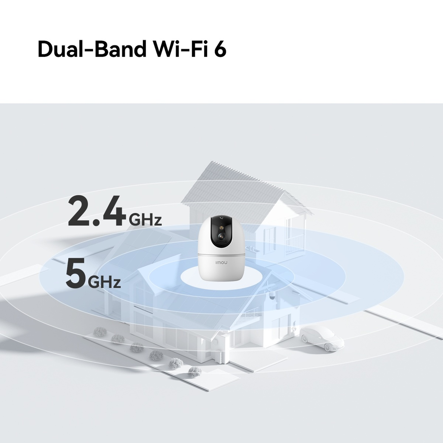 Un hub di telecamera Wi-Fi bianco con segnali blu che coprono due case e un'auto.