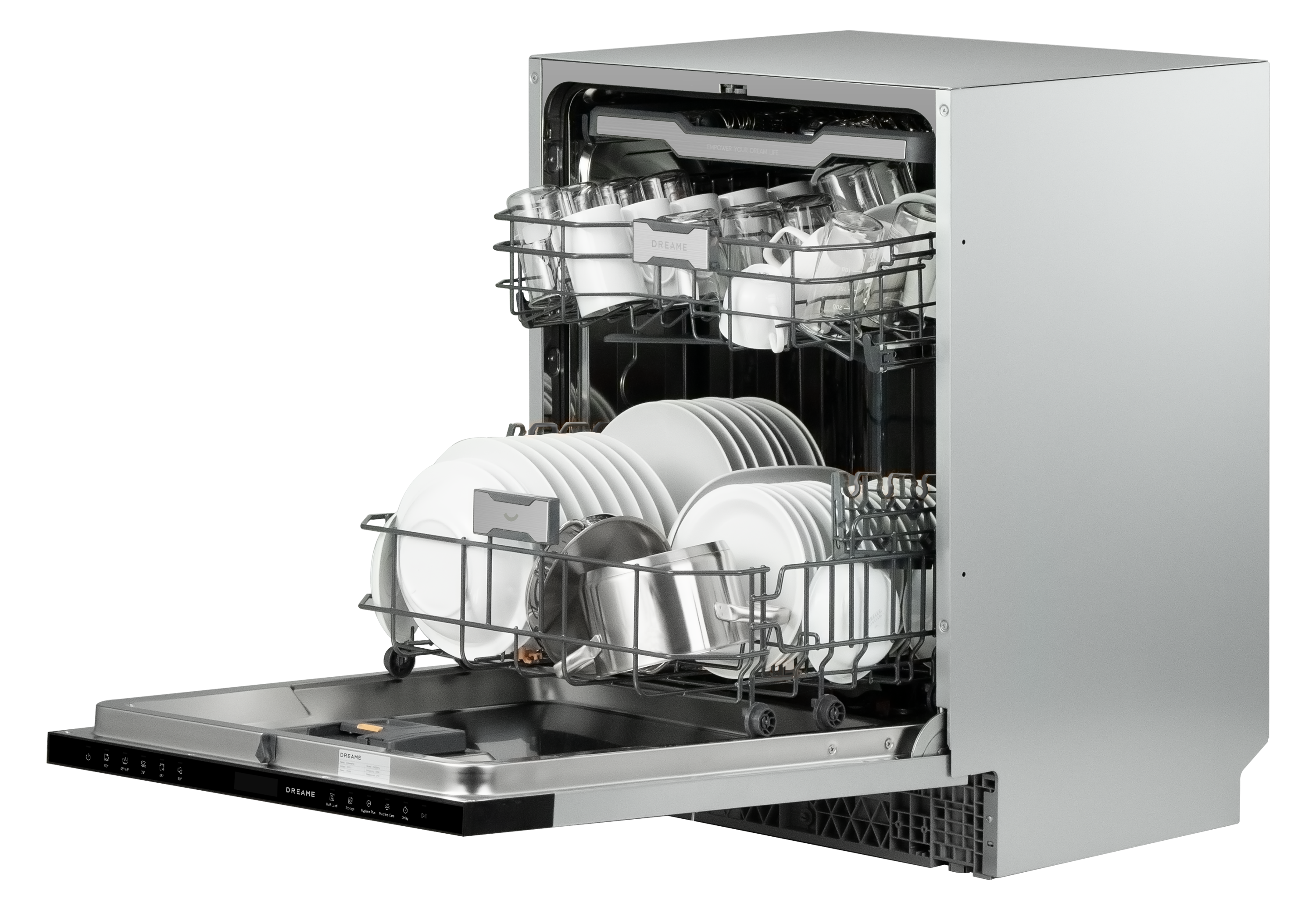 Otwarta zmywarka z dwoma koszami, załadowana białymi talerzami, szklankami i metalowymi garnkami.