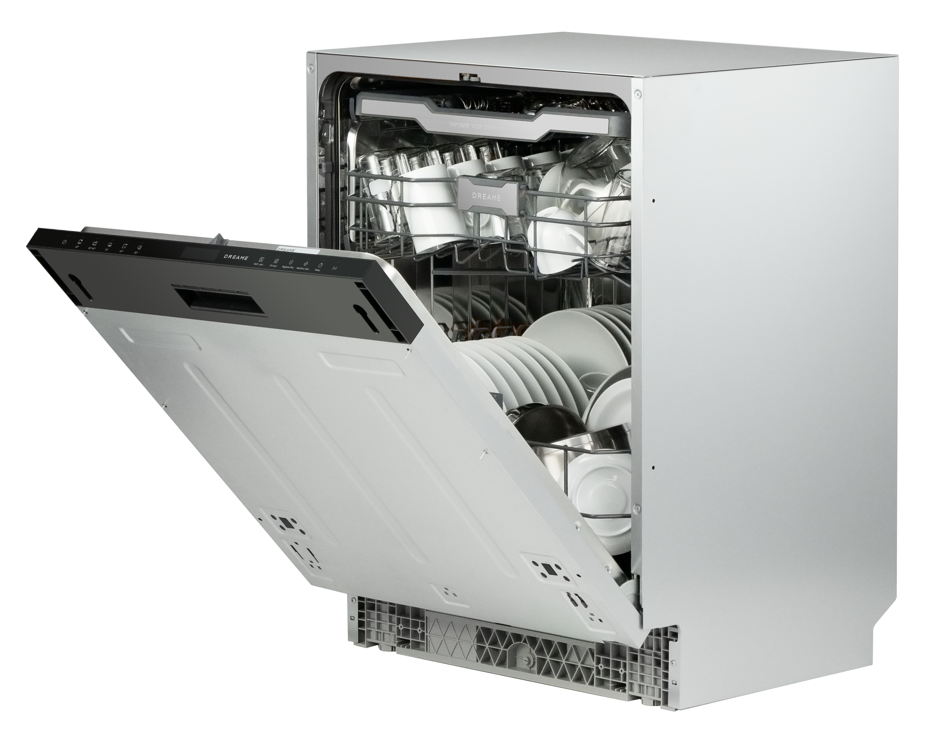 Otwarta srebrna zmywarka wypełniona białymi i przezroczystymi szklankami, talerzami i miskami.