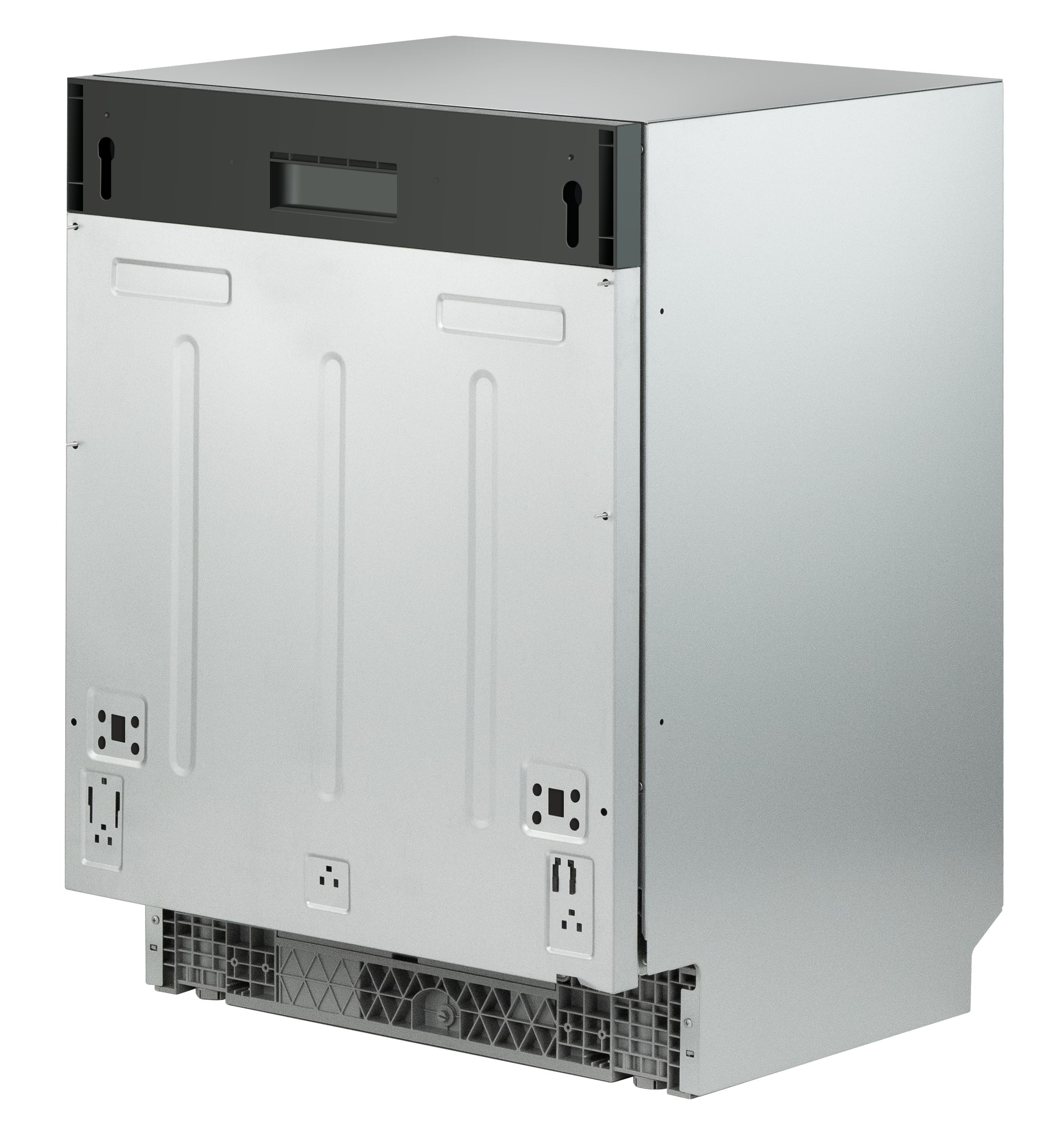 Tył srebrnej zmywarki z ciemnym górnym paskiem i otworami wentylacyjnymi.