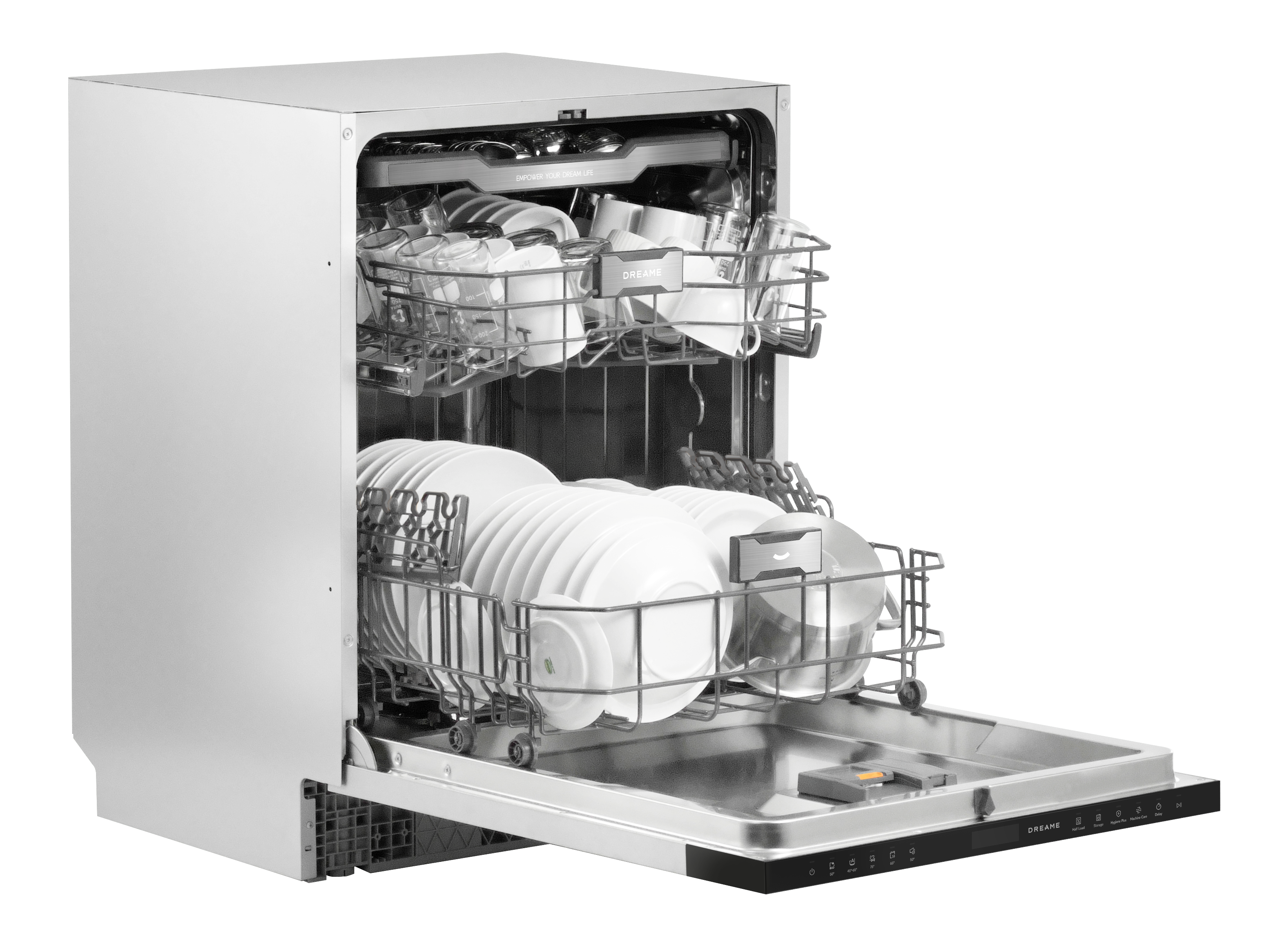 Otwarta zmywarka z dwoma koszami, załadowana białymi talerzami i szklankami.