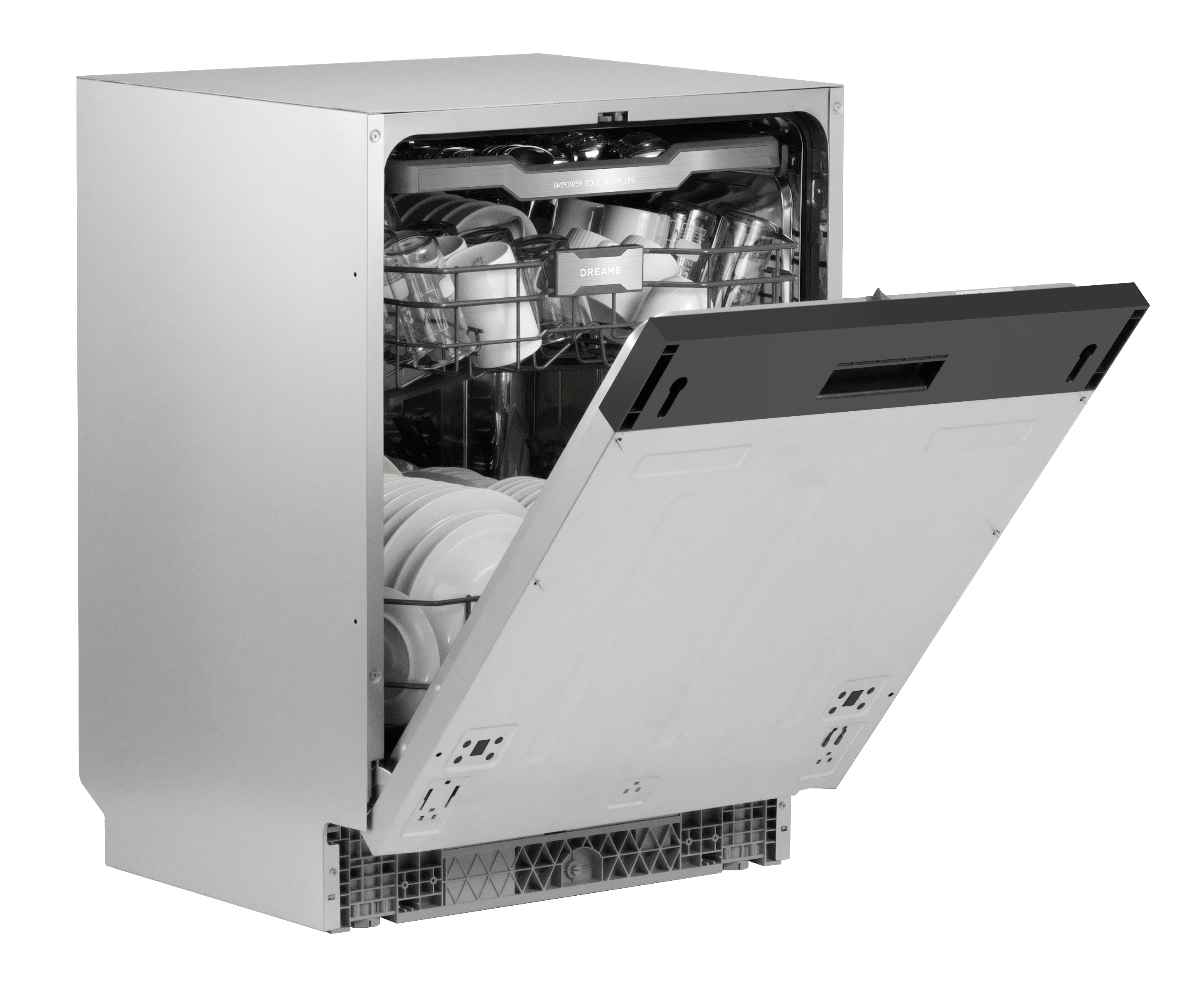 Otwarta srebrna zmywarka z pełnymi koszami białych talerzy i szklanek.