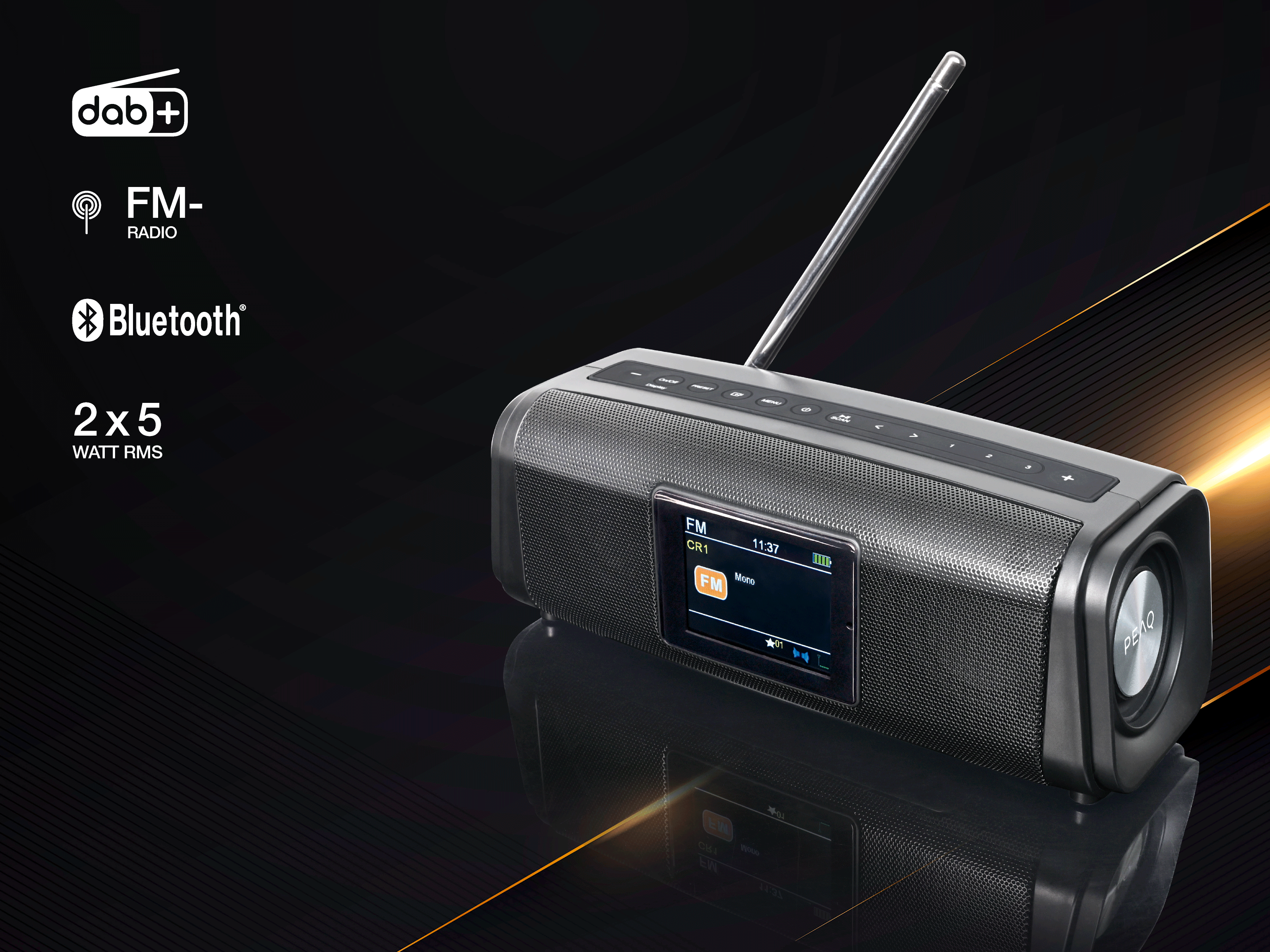 Ein schwarzer DAB+-Radio mit FM, Bluetooth und 2x5W RMS Leistung.