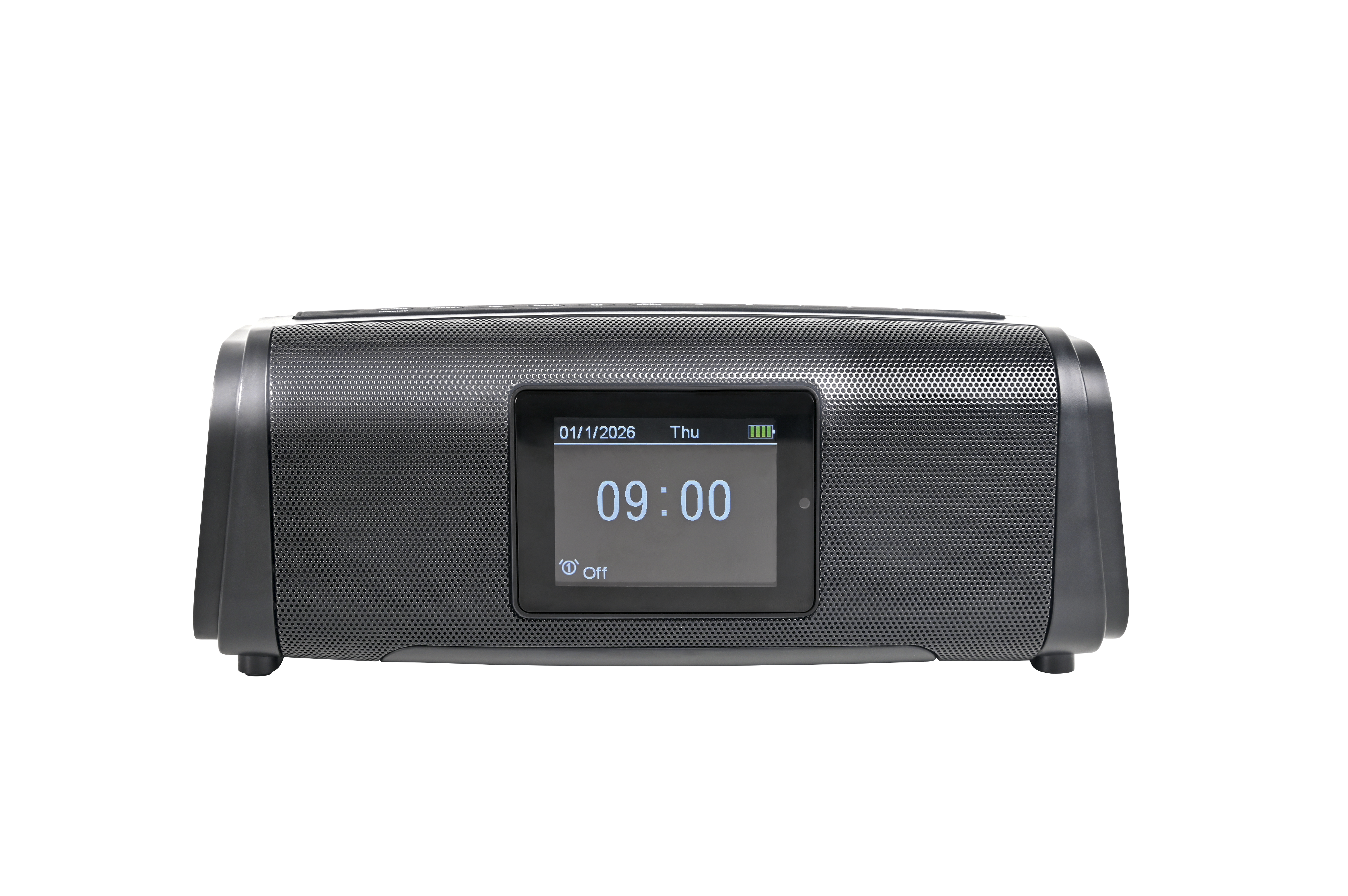 Ein schwarzer Radiowecker mit digitaler Zeitanzeige 09:00.