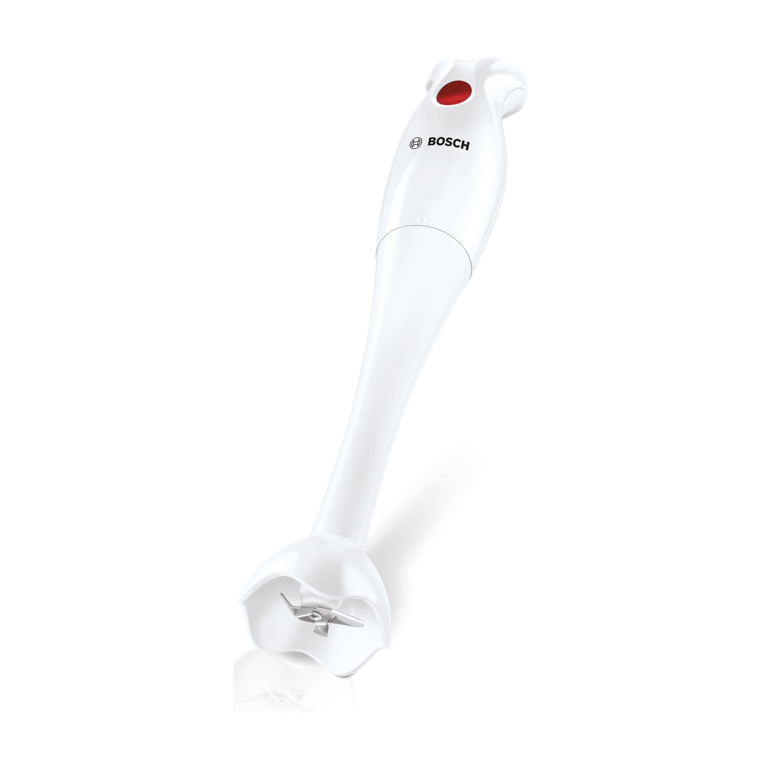 Un frullatore a immersione Bosch bianco con pulsante rosso.