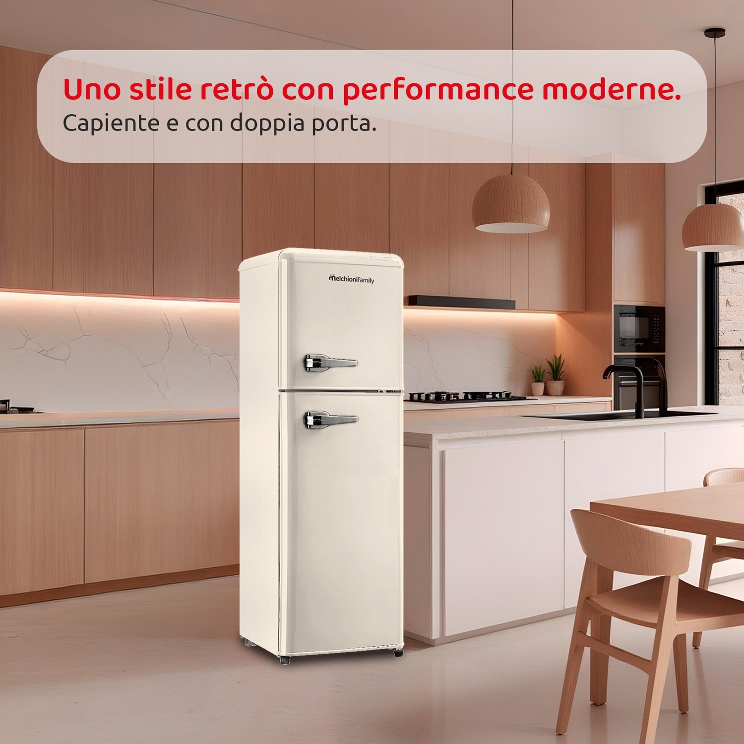 Un frigorifero color crema a doppia porta in una cucina moderna.