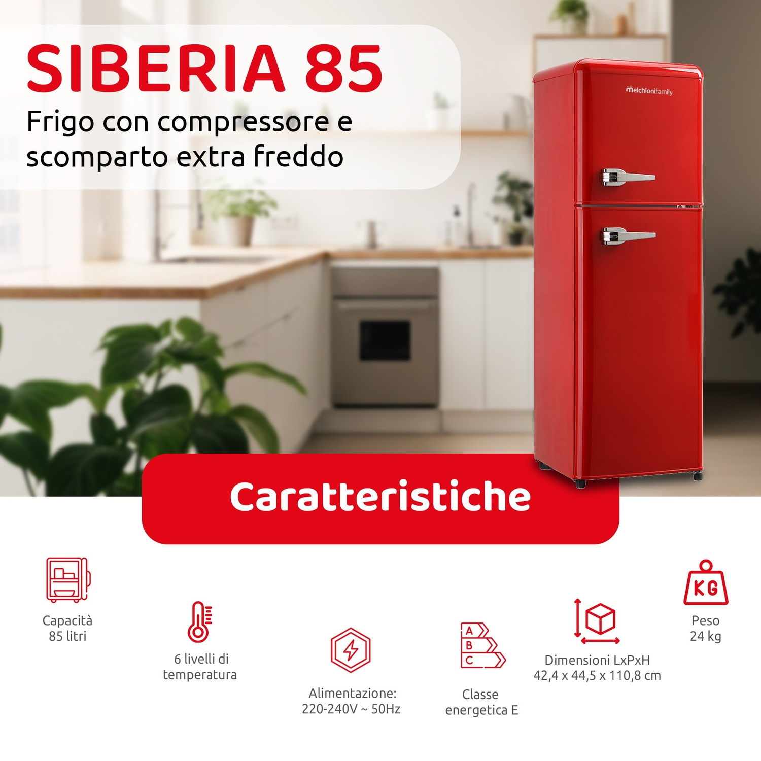 Un frigorifero rosso stile vintage a due porte con maniglie cromate.