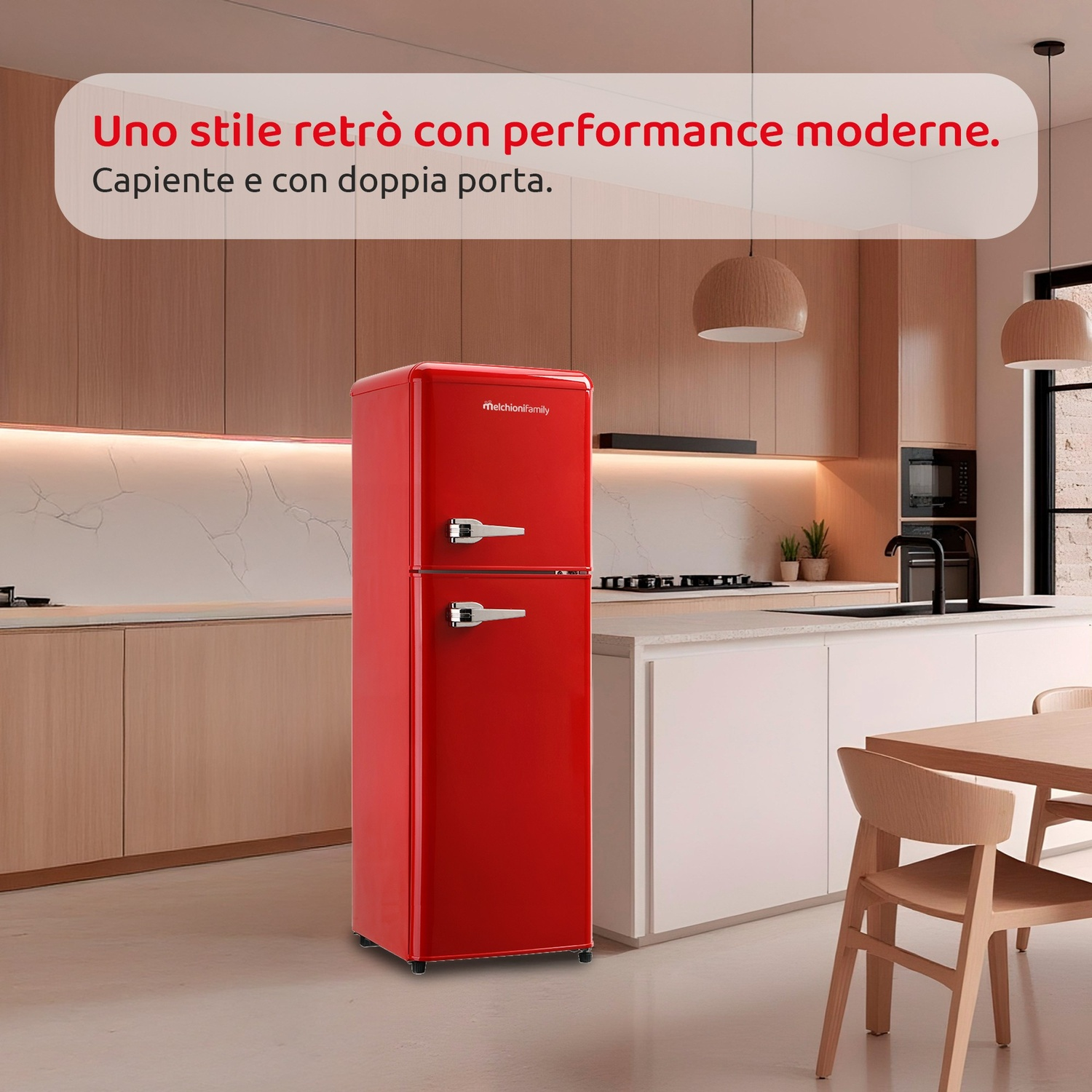 Un frigorifero retro rosso a doppia porta in una cucina moderna.