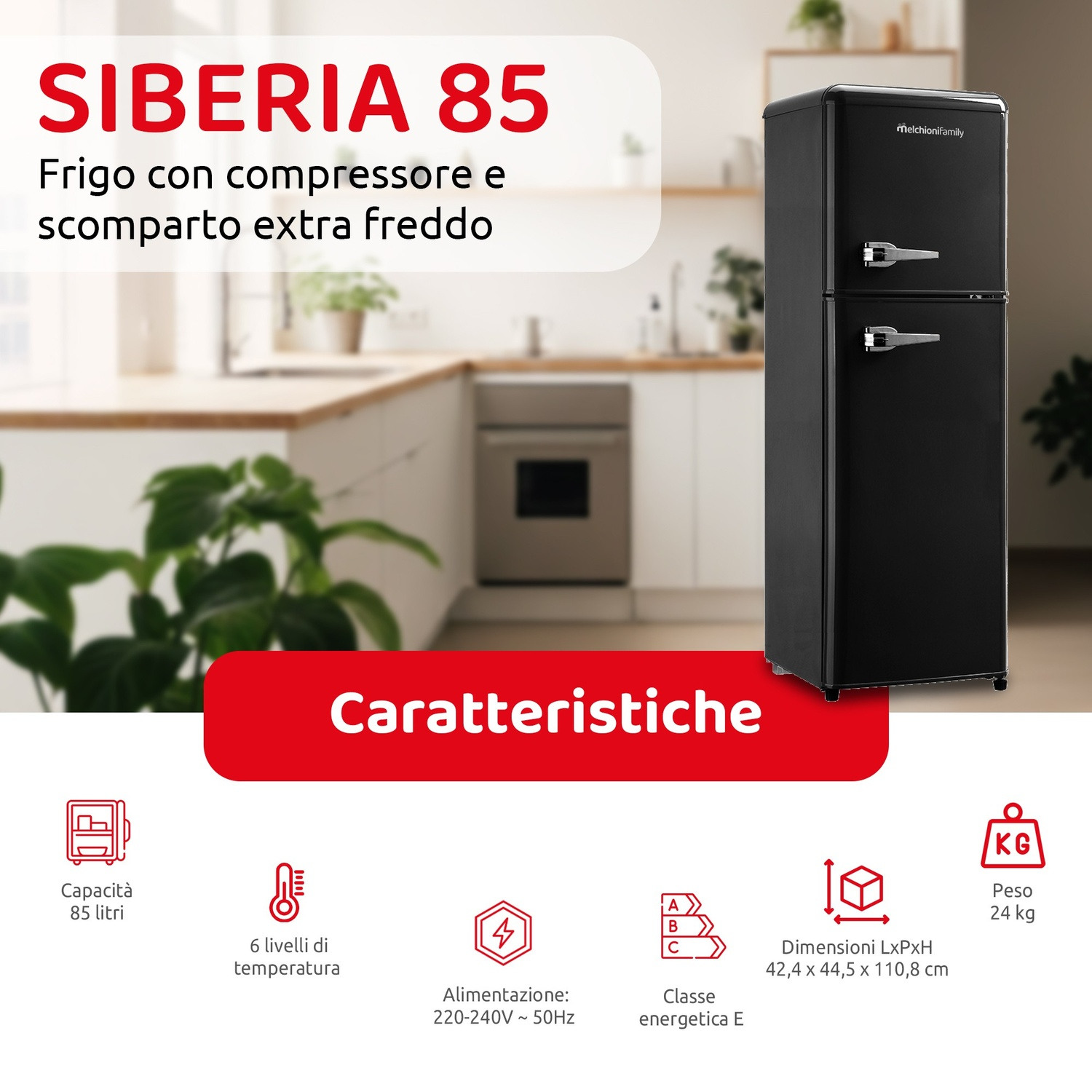 Frigorifero nero due porte, SIBERIA 85, in un ambiente cucina.