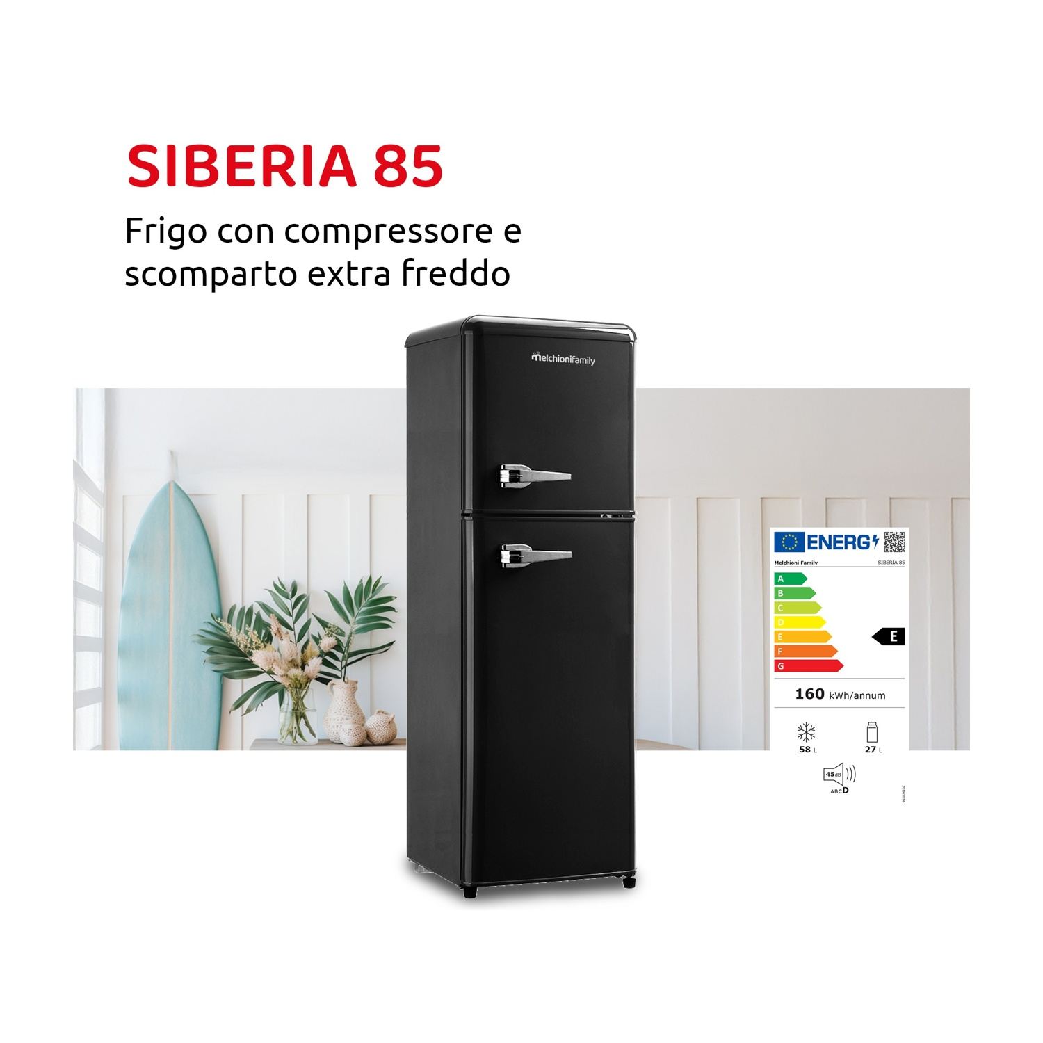 Frigorifero nero stile retrò con scomparto congelatore ed etichetta energetica.