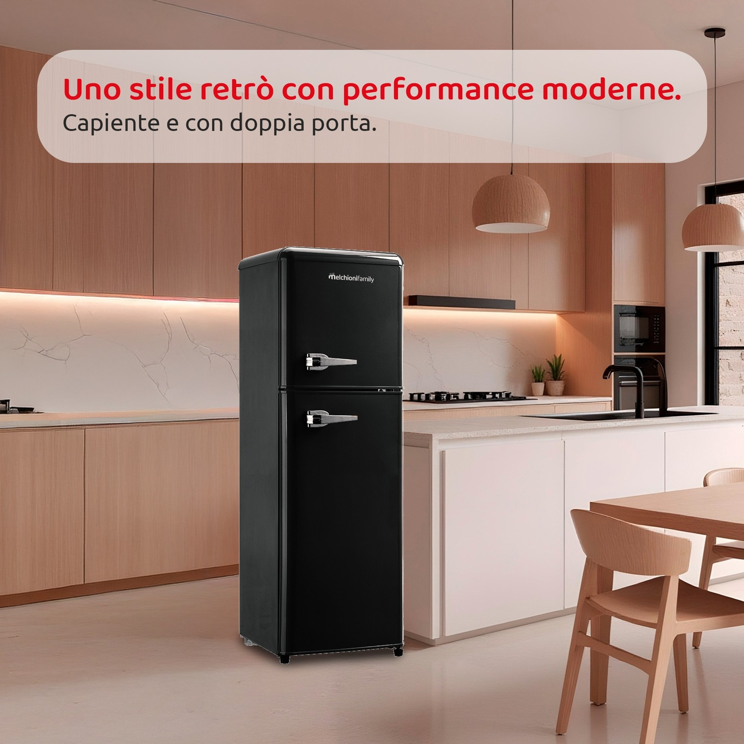 Un frigorifero nero retro a due porte in una cucina moderna.