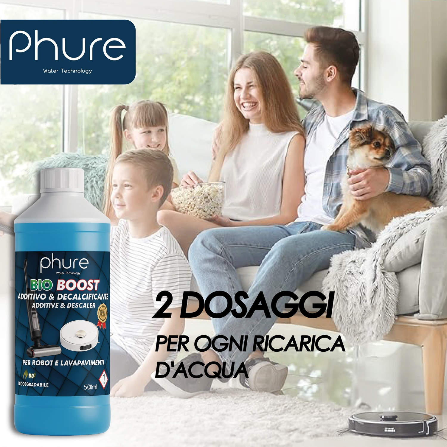 Famiglia con cane rilassata, bottiglia di pulizia in primo piano. Logo Phure.