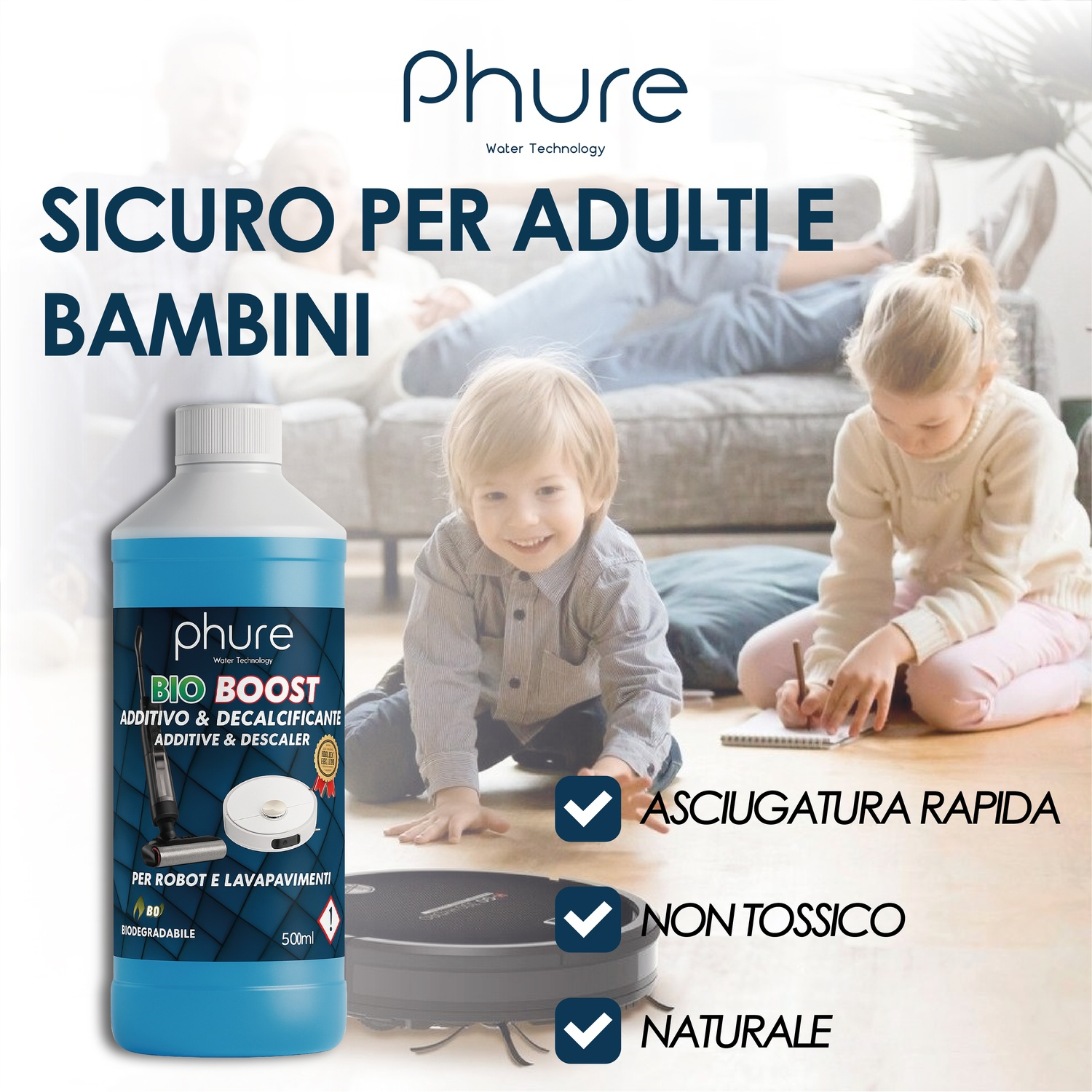 Un robot aspirapolvere su pavimento in legno con bambini che giocano.