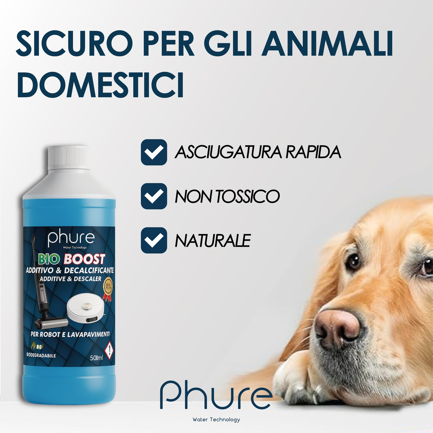 Detergente in bottiglia blu accanto a un Golden Retriever. Evidenzia "Sicuro per animali domestici".