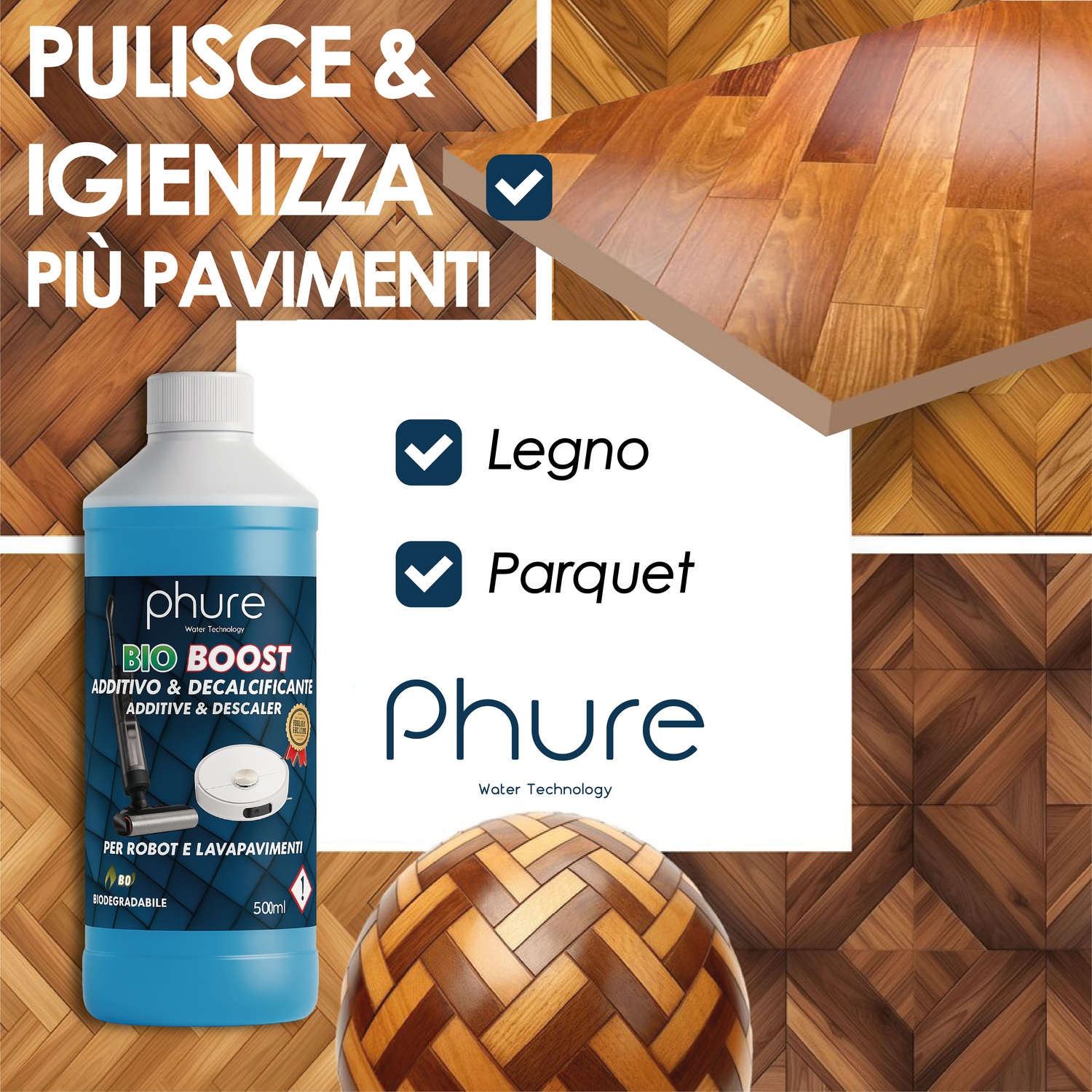 Flacone Phure Bio Boost con pavimenti in legno e testo. Pulisce e igienizza.