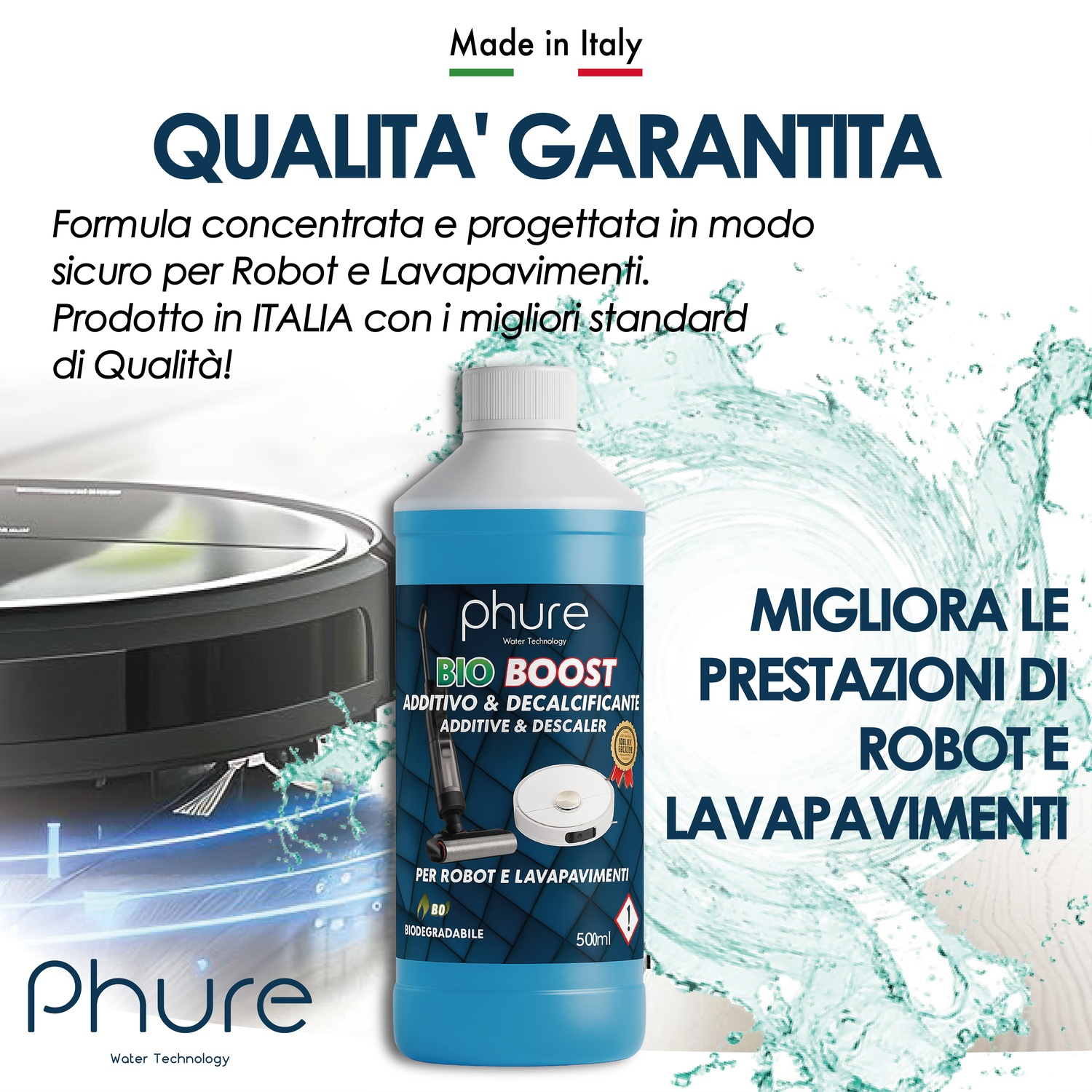 Una bottiglia blu di detergente accanto a un robot aspirapolvere su sfondo bianco.