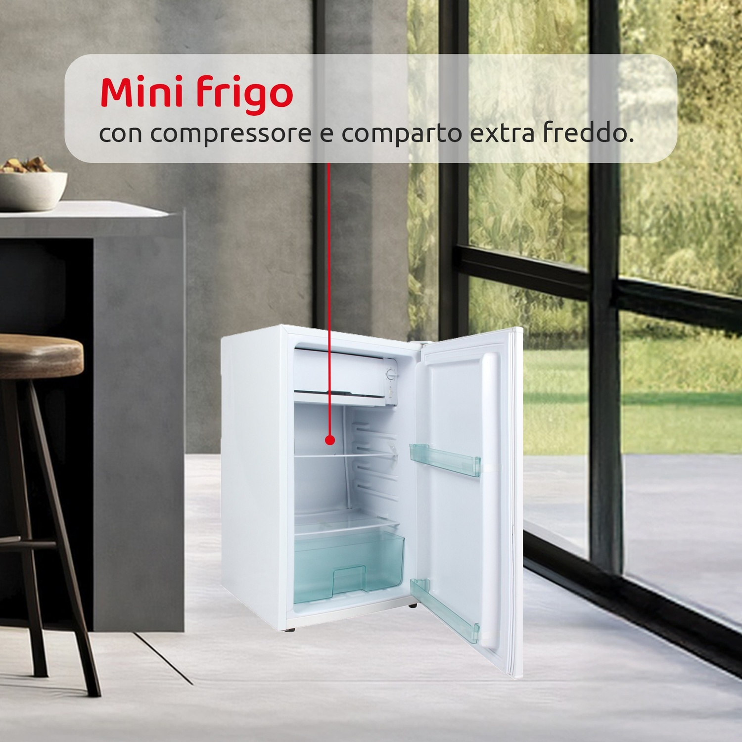 Un mini frigo bianco con porta aperta in una stanza moderna.