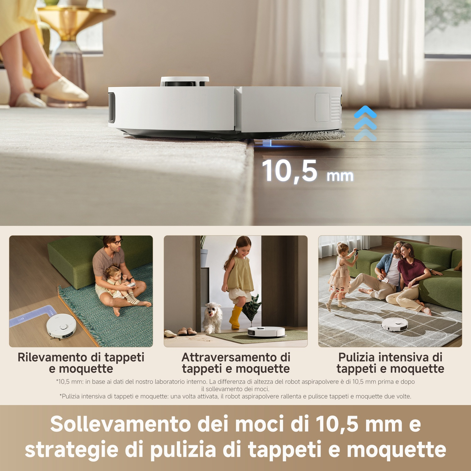 Un robot aspirapolvere bianco pulisce tappeti e pavimenti, sollevando il mocio 10,5 mm.