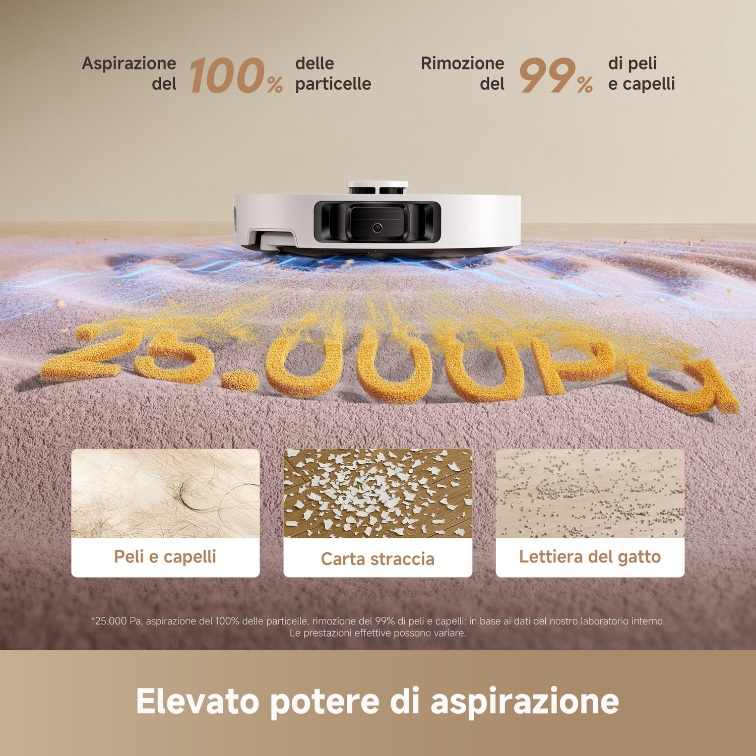 Un robot aspirapolvere bianco pulisce polvere, peli, carta e lettiera.