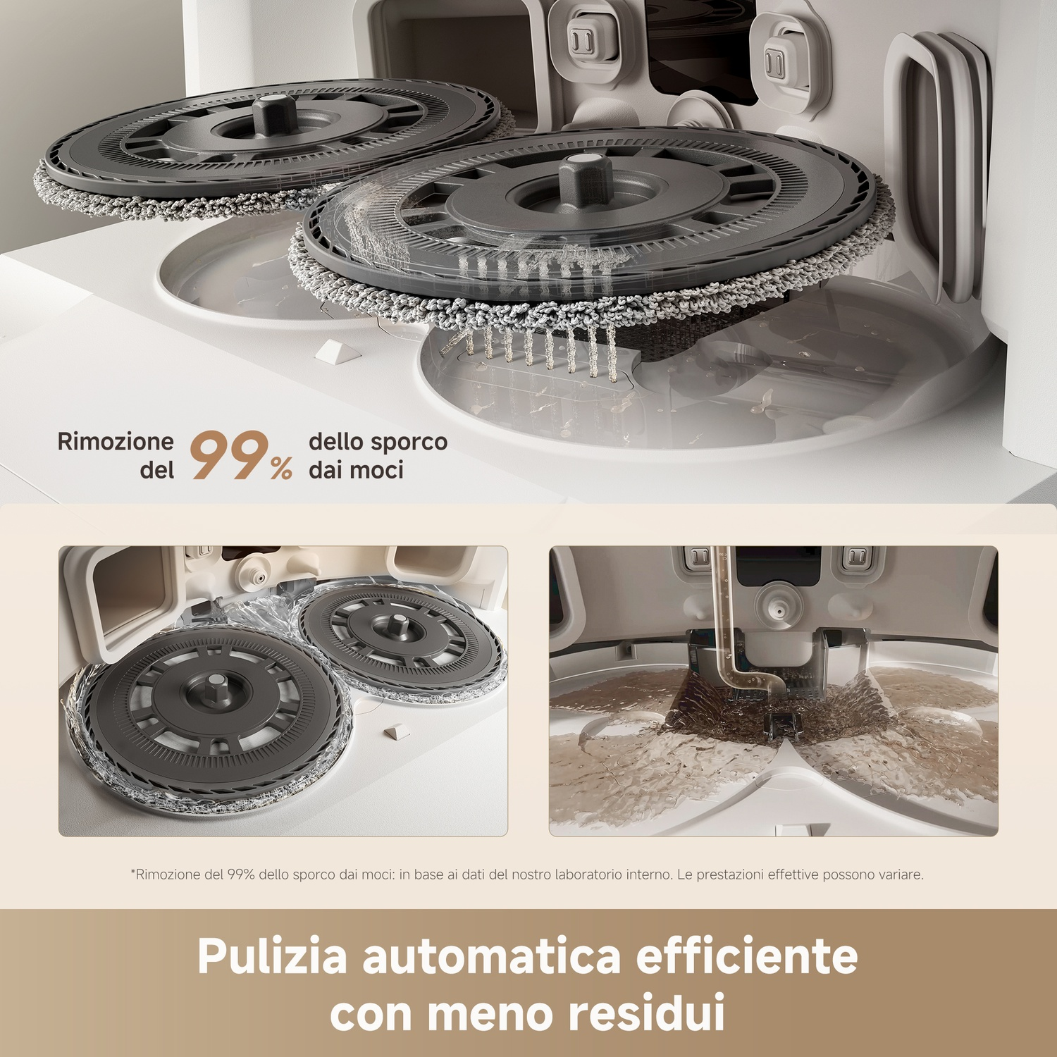 Due mop rotanti in una stazione di pulizia con acqua.