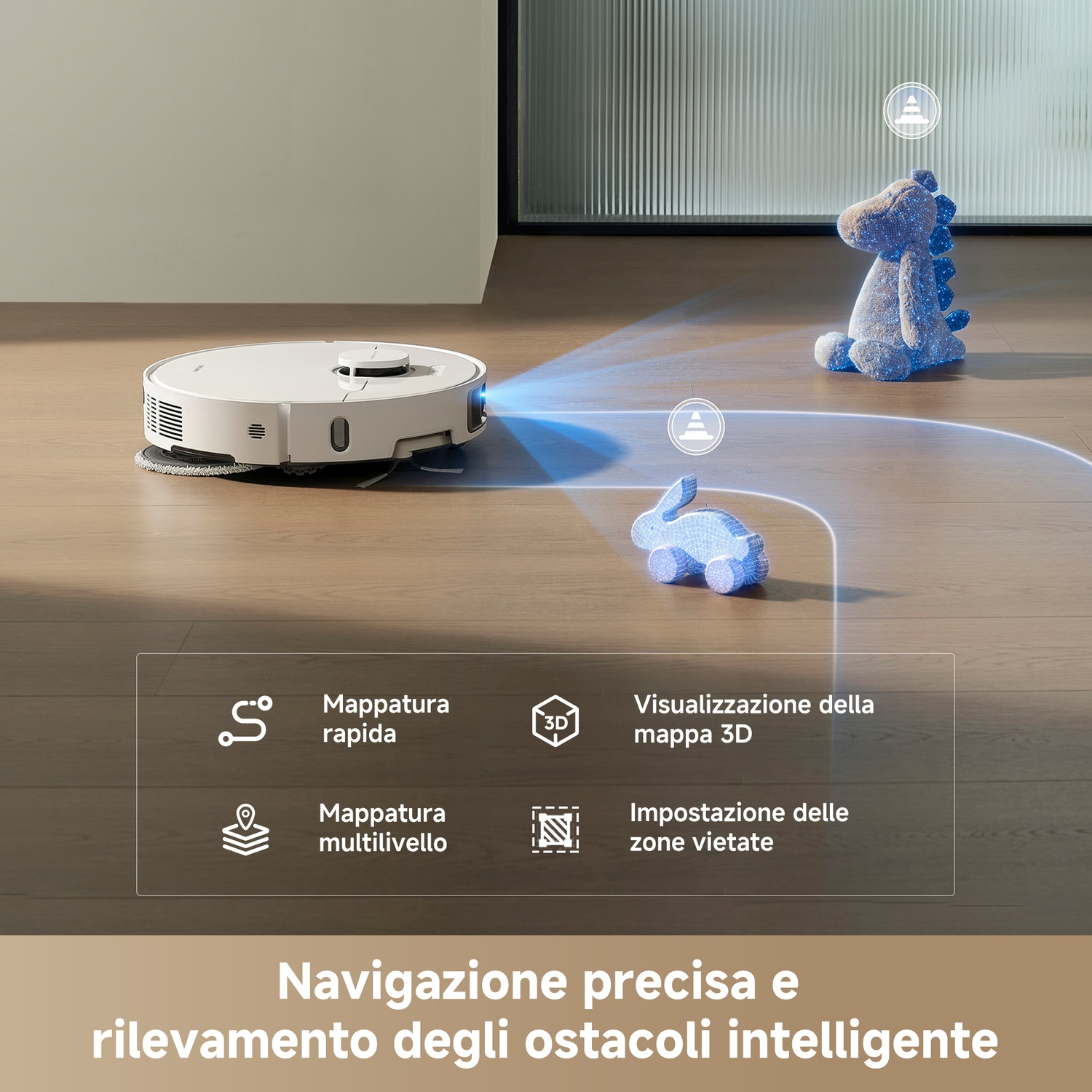 Un robot aspirapolvere bianco pulisce un pavimento in legno, evitando giocattoli. Funzioni di mappatura 3D.