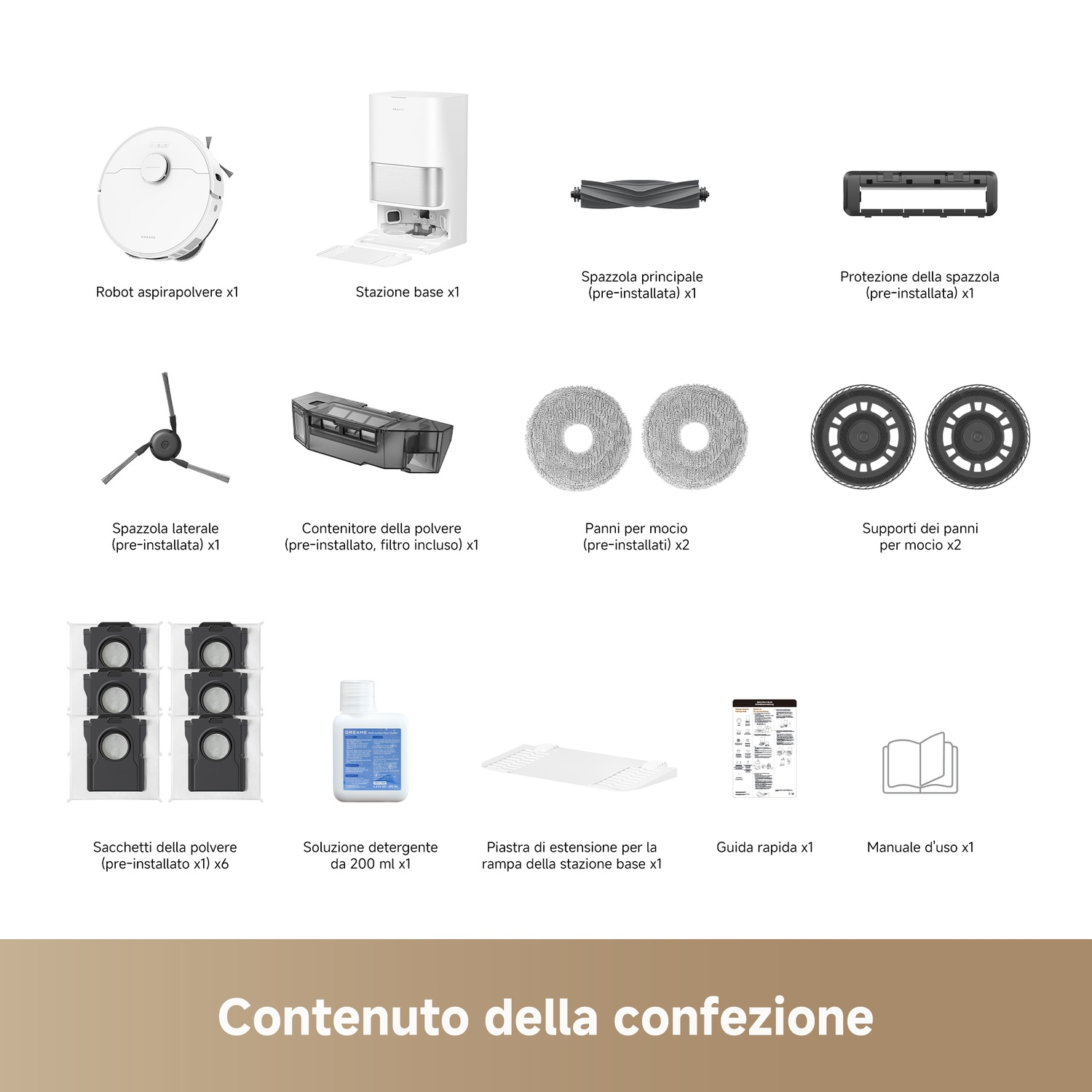 Panoramica accessori robot aspirapolvere: robot, base, spazzole, filtri, panni e manuali.