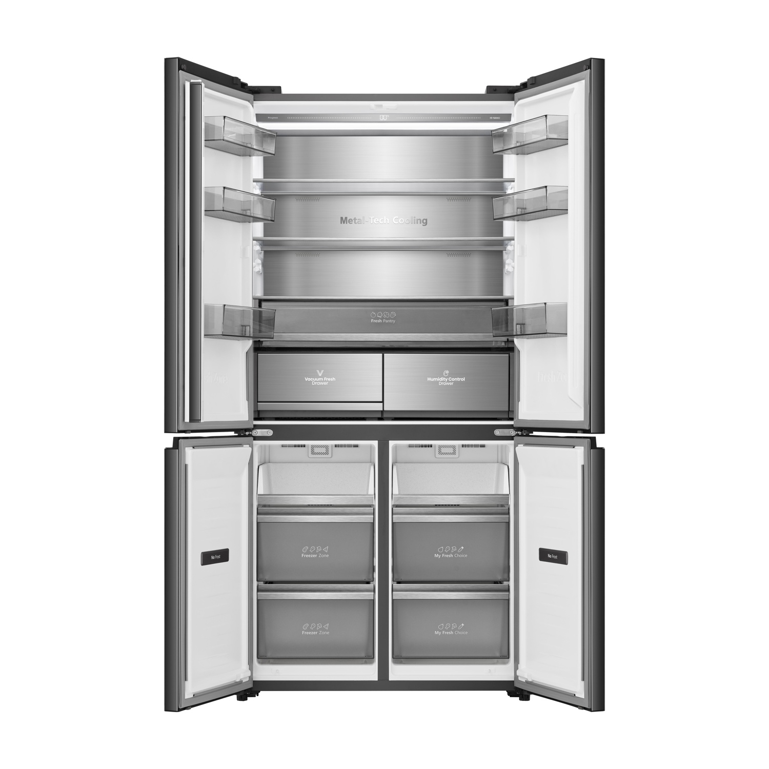 Un frigorifero aperto con Metal-Tech Cooling e cassetti multipli.
