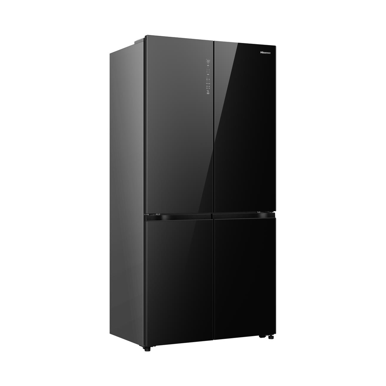 Un frigorifero nero a quattro porte con logo Hisense.