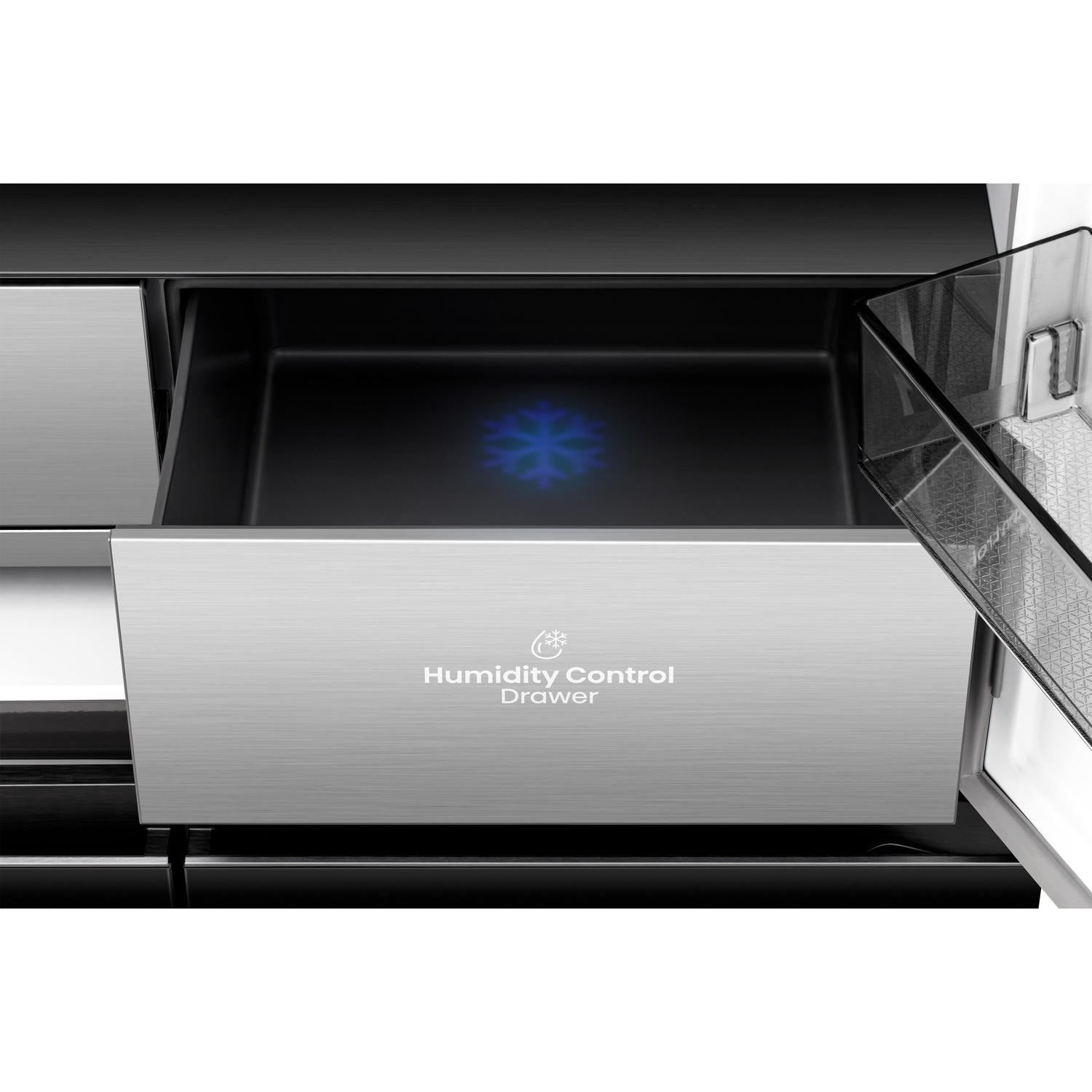 Un cassetto aperto del frigorifero con simbolo di fiocco di neve blu.
