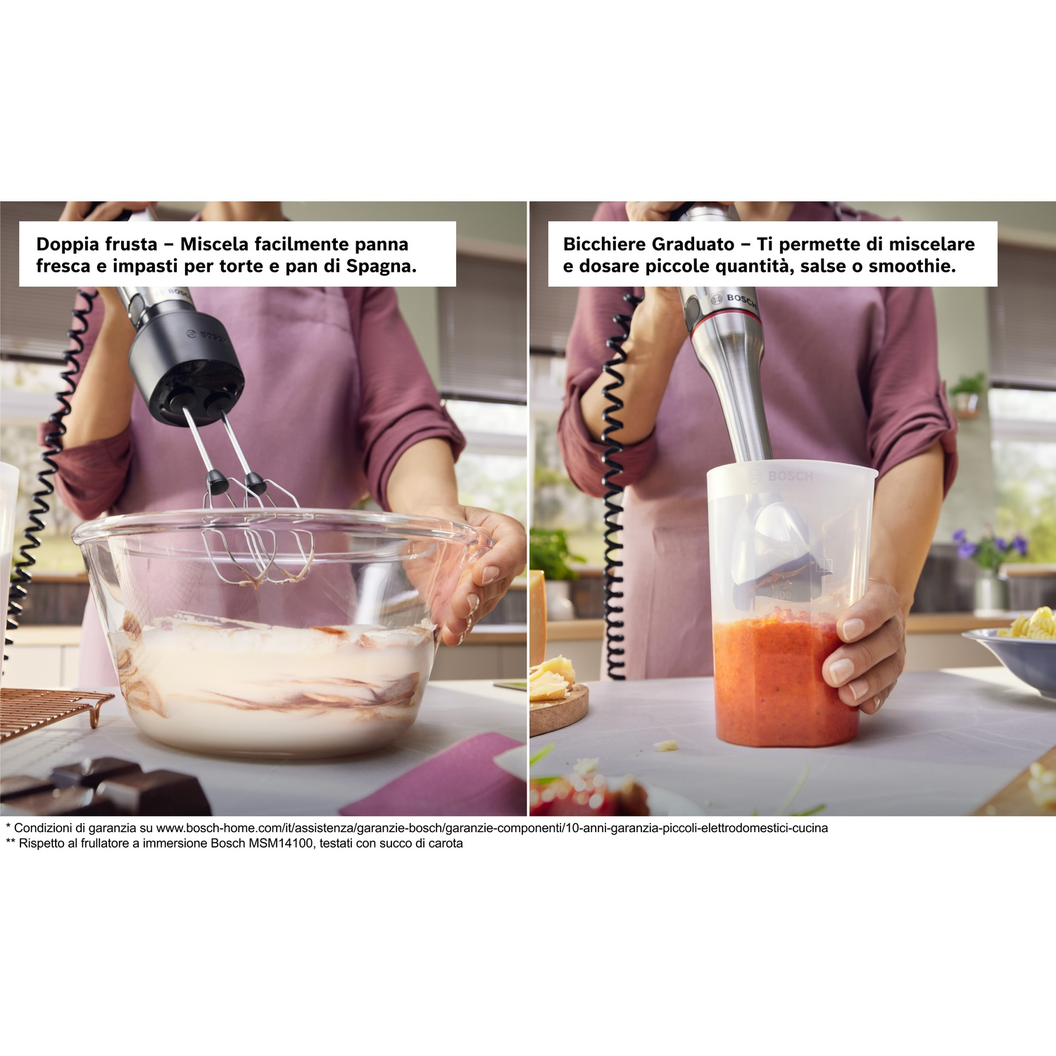 Persona usa frusta in ciotola e misurino con smoothie.