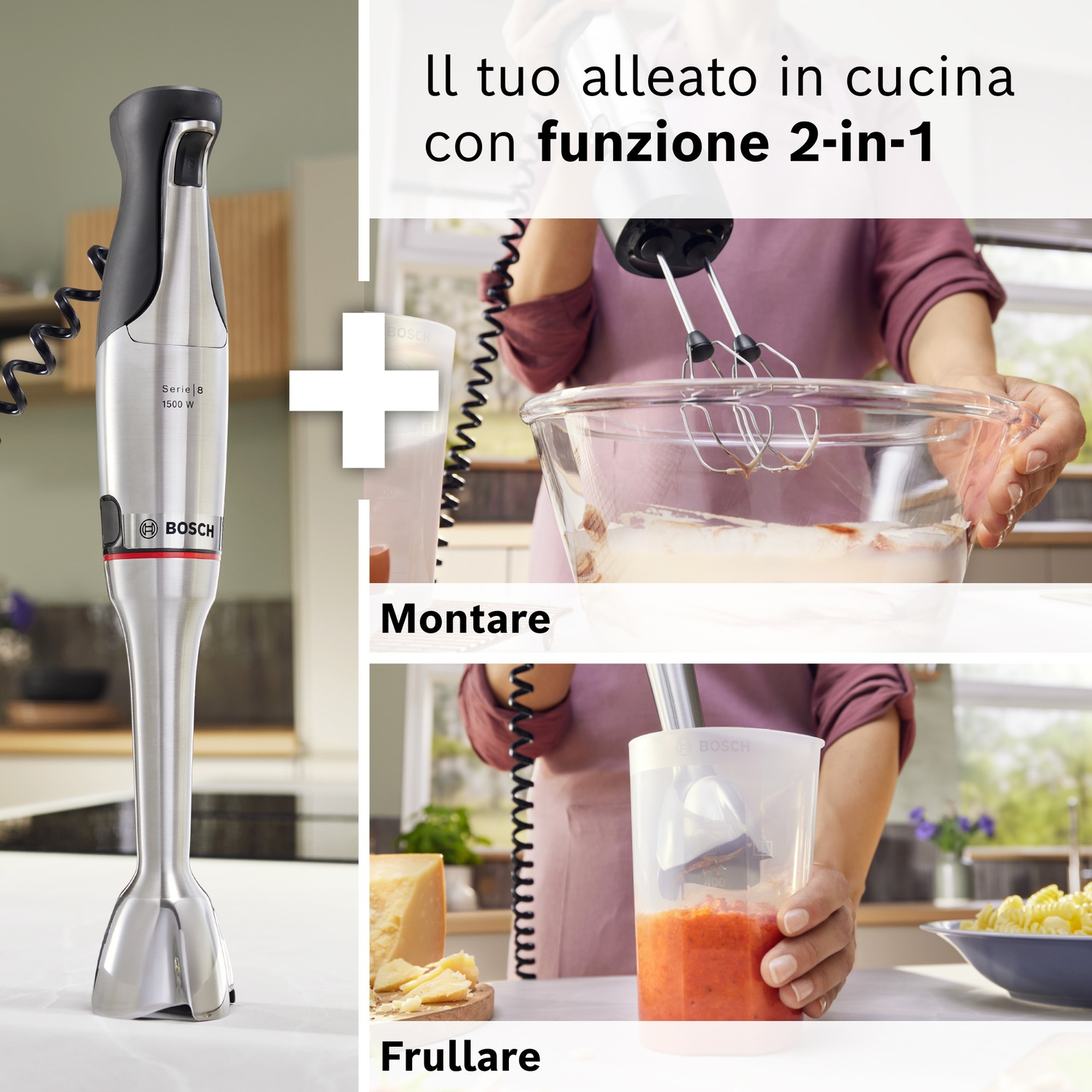 Frullatore a immersione Bosch con accessori: montare e frullare. Apparecchio 1500 W.