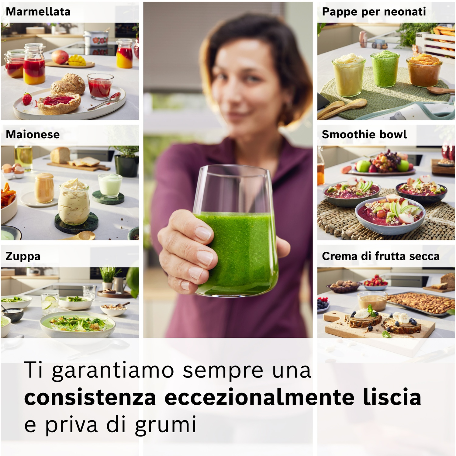 Donna tiene frullato verde. Collage mostra marmellata, pappe, maionese, smoothie, zuppa, crema frutta secca.