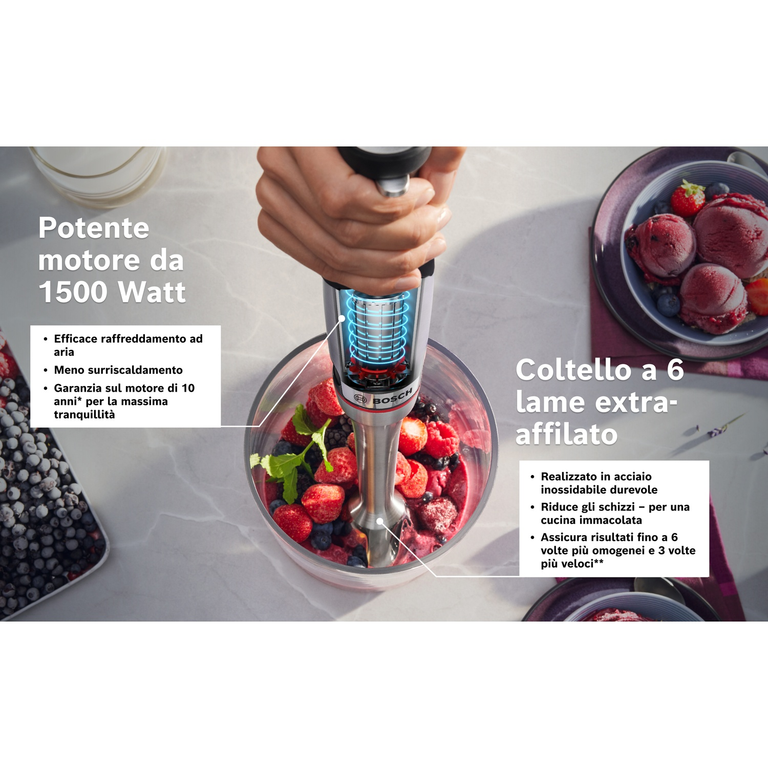 Un frullatore a immersione con potente motore da 1500W e lama a 6 lame.