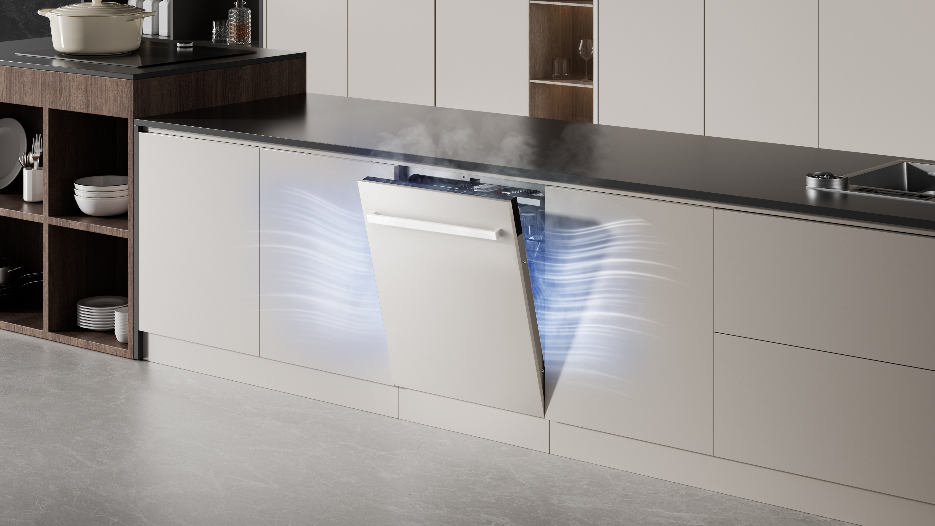 Nowoczesna zmywarka otwiera się, wydzielając parę, z niebieskimi prądami powietrza.