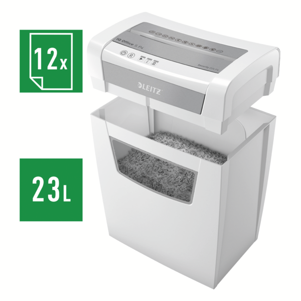 Ein weißer Aktenvernichter mit 23L Behälter und 12 Blatt Kapazität.