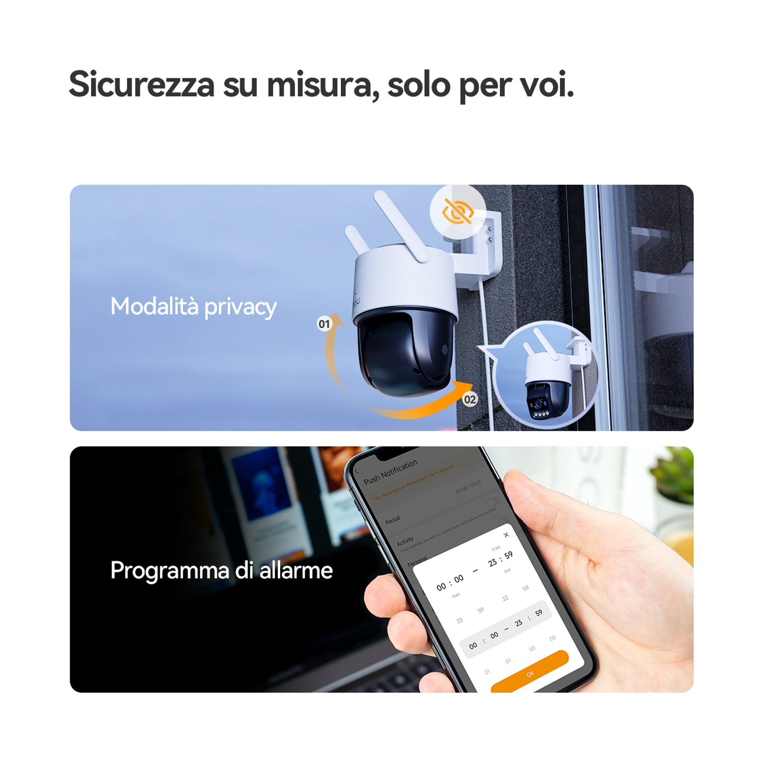 Telecamera di sicurezza con modalità privacy e programmazione allarmi sul telefono.