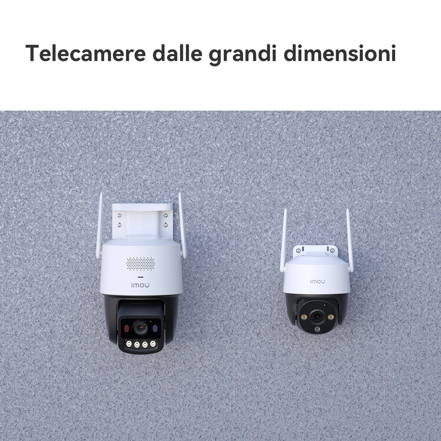 Due telecamere di sicurezza bianche e nere con antenne montate su un muro grigio.