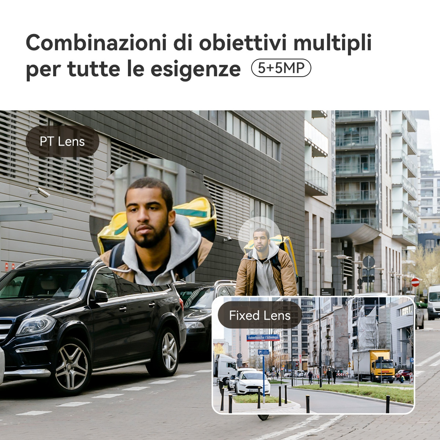 Un uomo con borsa gialla va in bici accanto alle auto. Vista città.
